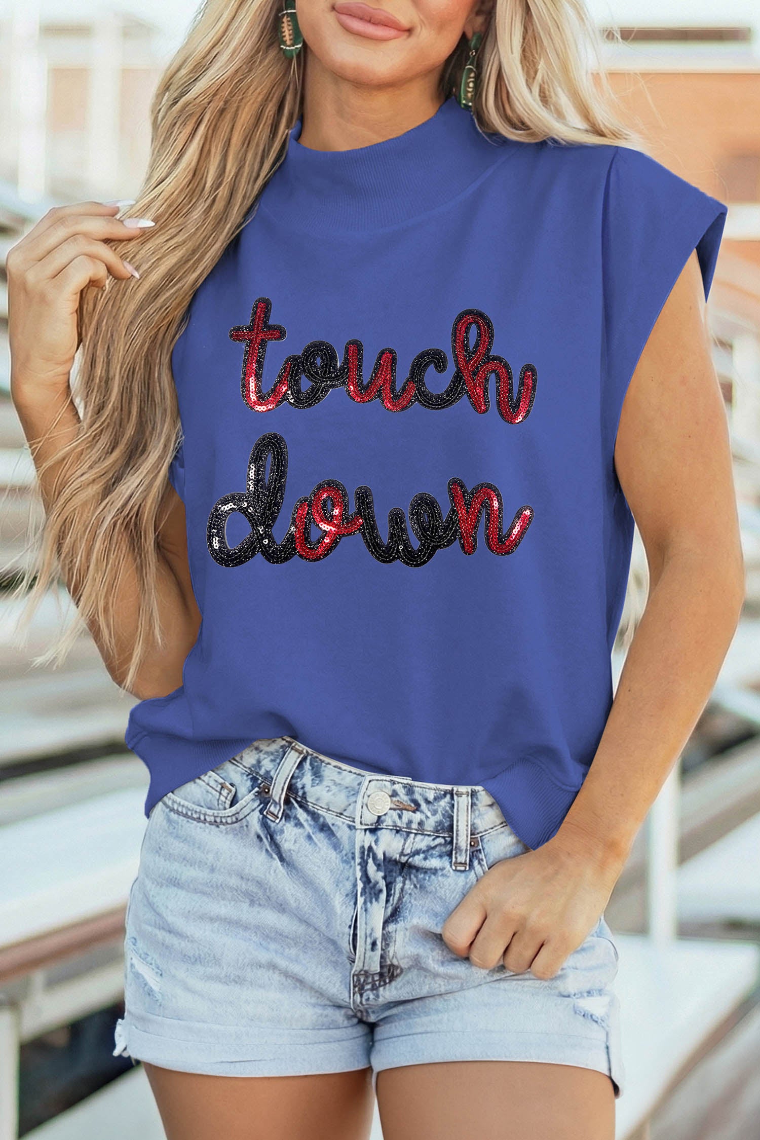Sky Blue Touch Down Sequin Game Day Graphic High Neck Cap Sleeve Top