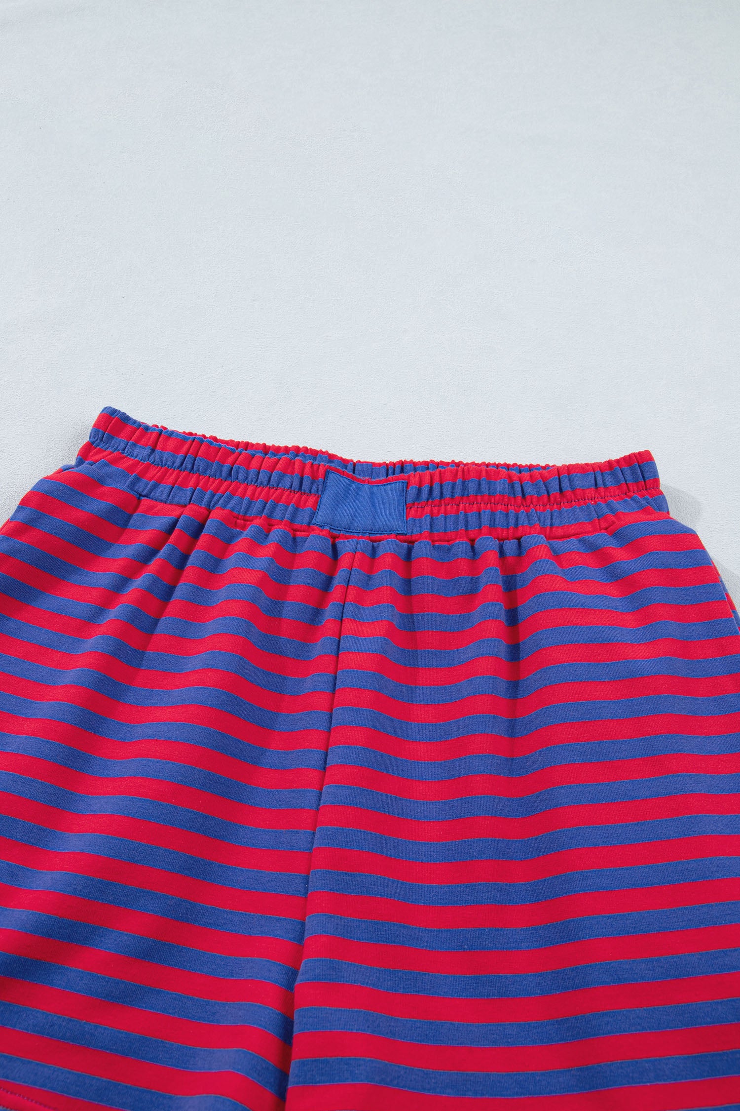 Blue Stripe Striped Ribbed Cotton Two-Piece Short Set with Chest Patch Detail