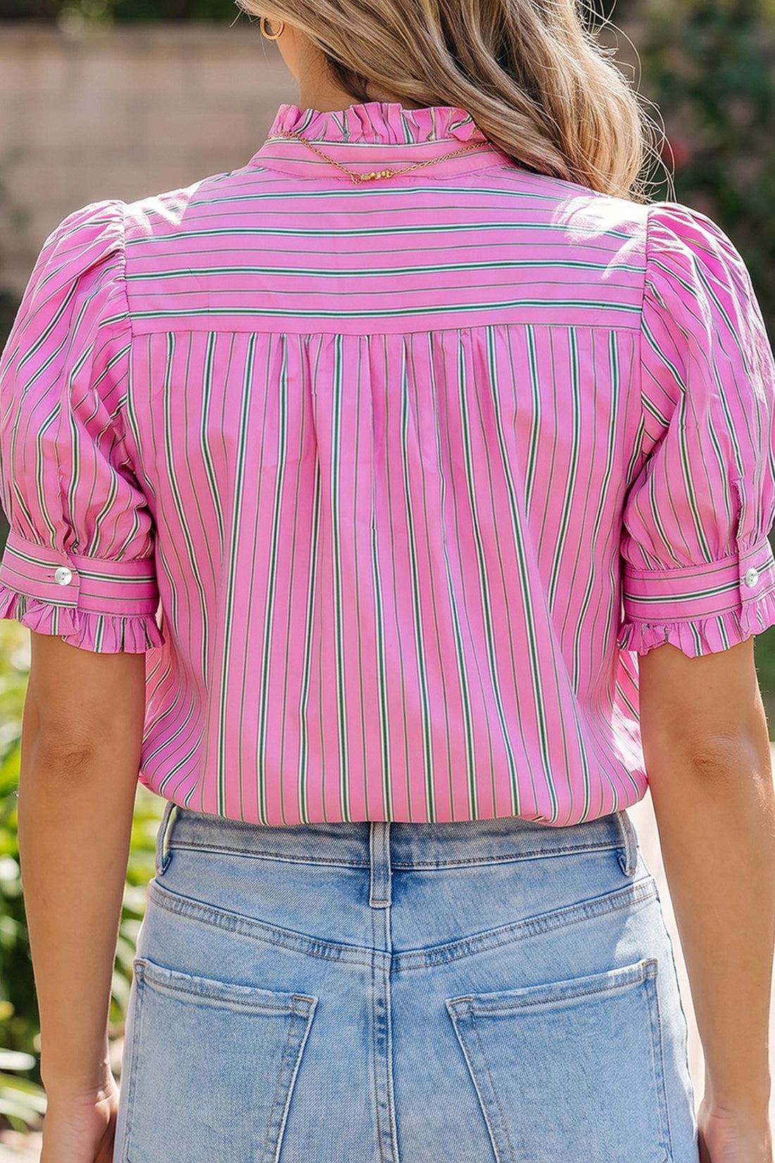 Pink Stripe Half Button Ruffle Trim Short Puff Sleeve Blouse