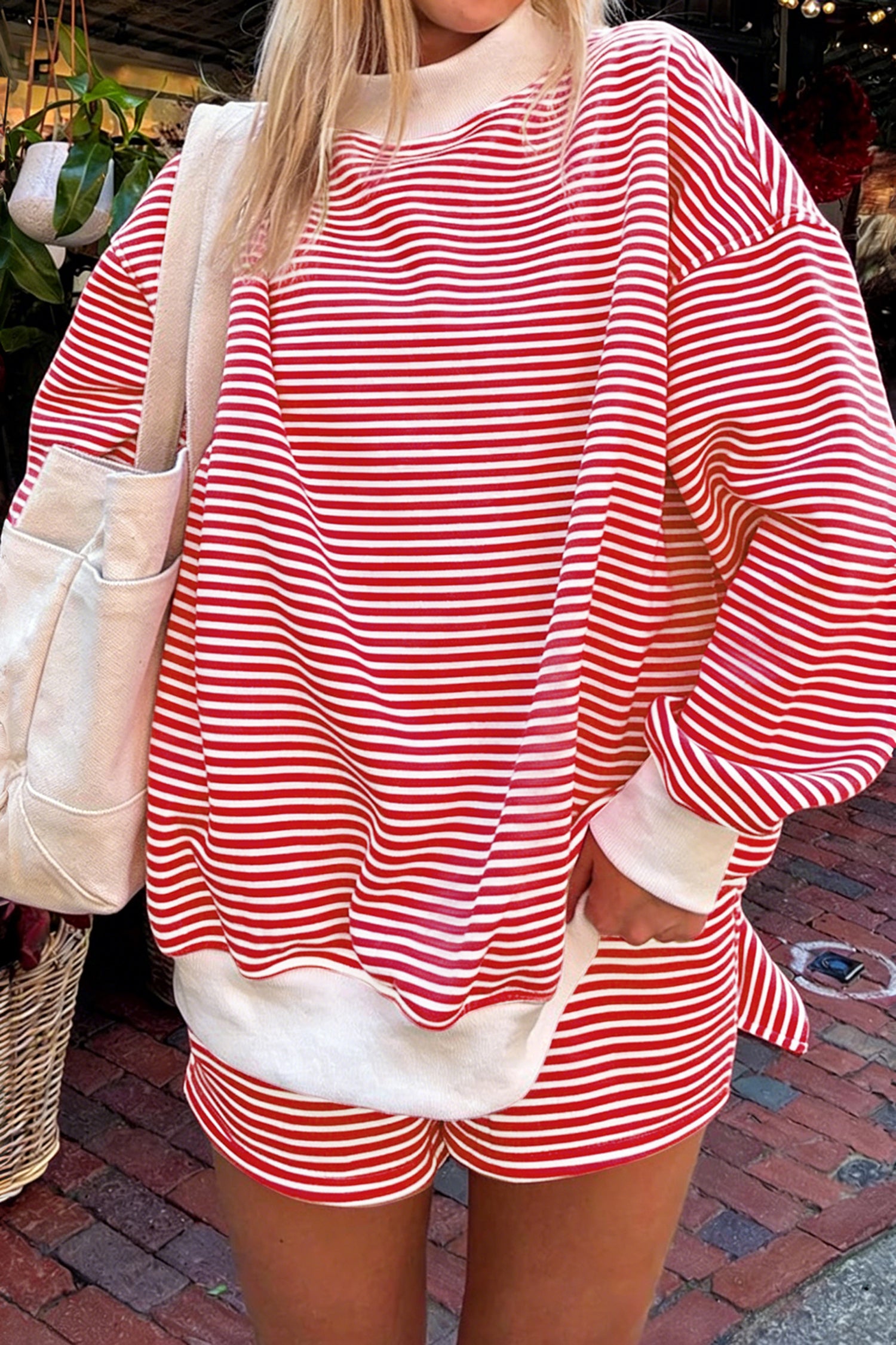 Red Stripe Oversize Mock Neck Sweatshirt and Shorts Set