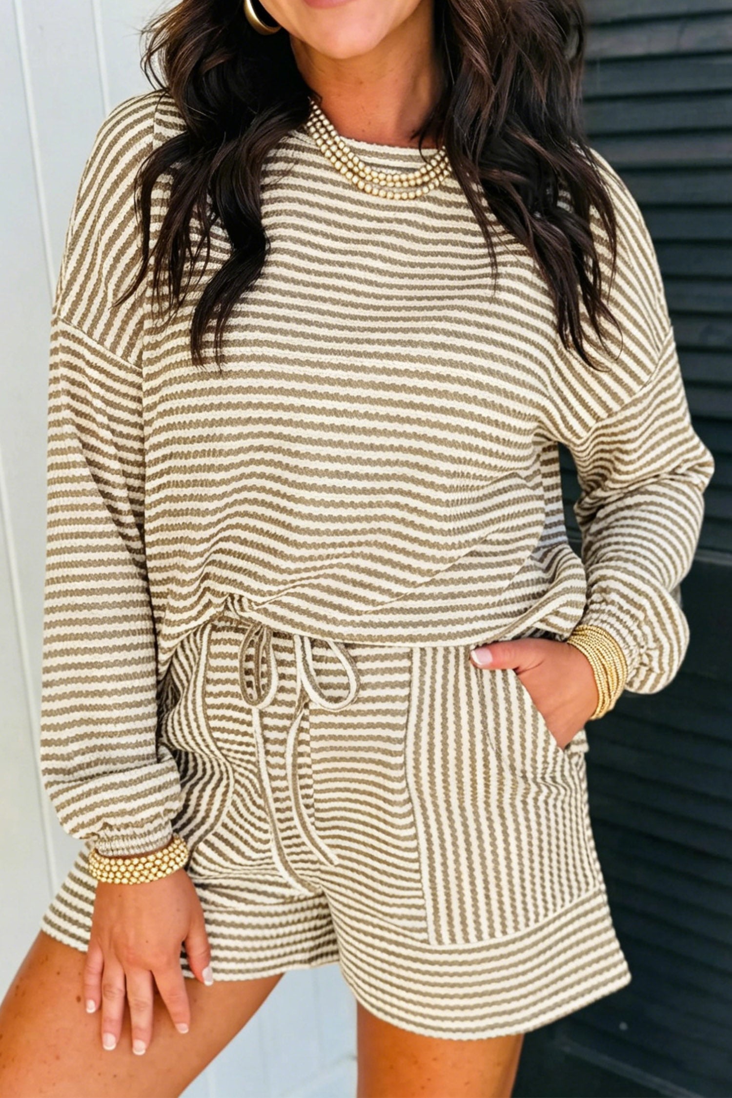 Brown Stripe Striped Textured Knit High-Waist Two-Piece Set