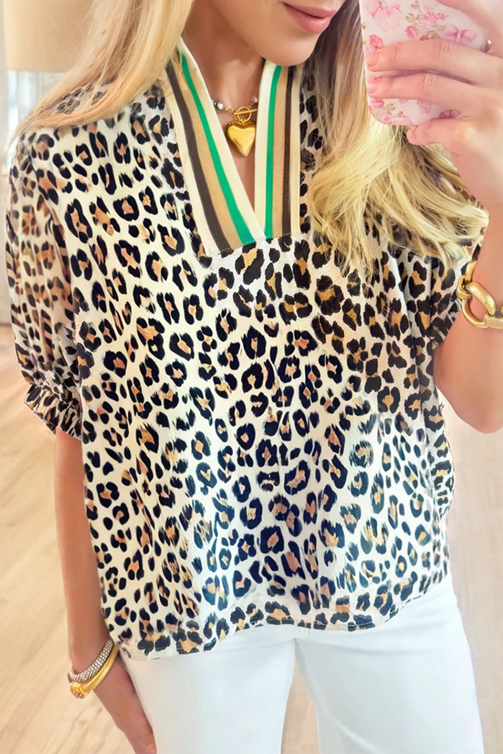 Sky Blue Leopard Color Block Contrast Striped V Neck Half Sleeve Loose Fit Blouse