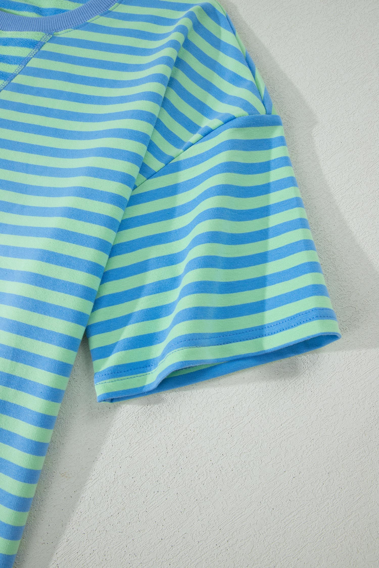 Blue Stripe Striped Ribbed Cotton Two-Piece Short Set with Chest Patch Detail