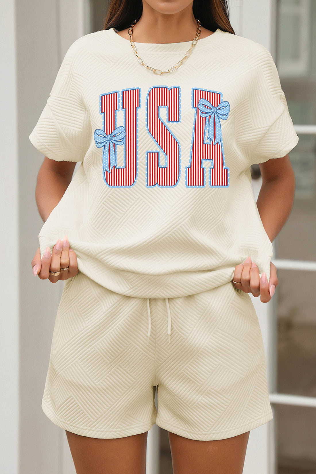 Apricot Patriotic USA Letter Print Textured Short Sleeve Top Drawstring Two Piece Set
