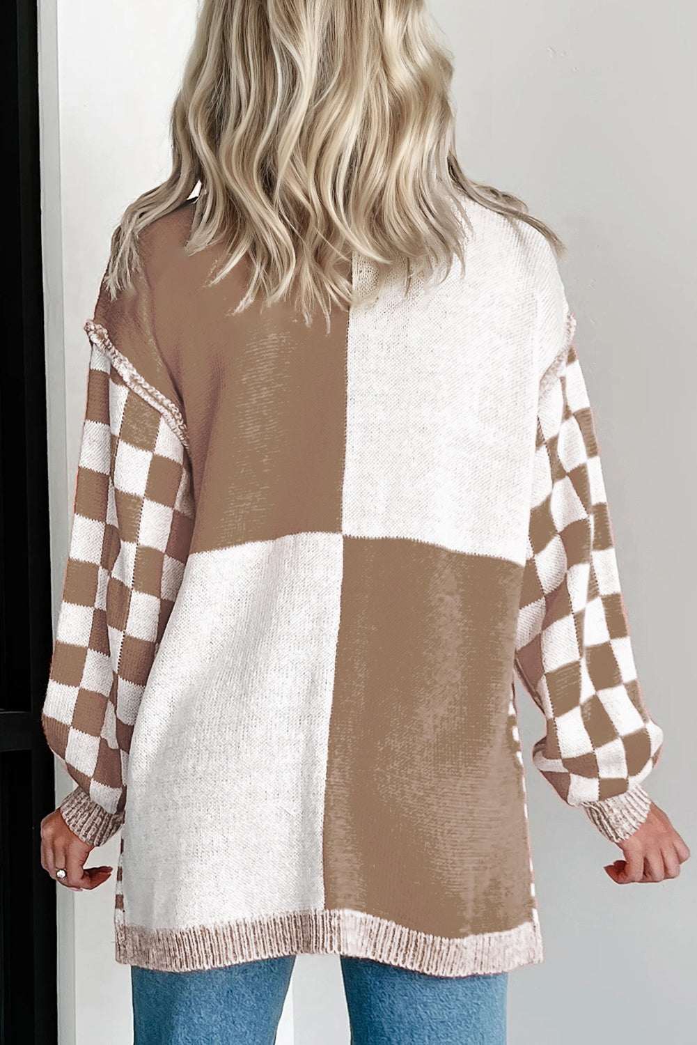 Orange Checkered Plus Size Drop Shoulder Knit Cardigan