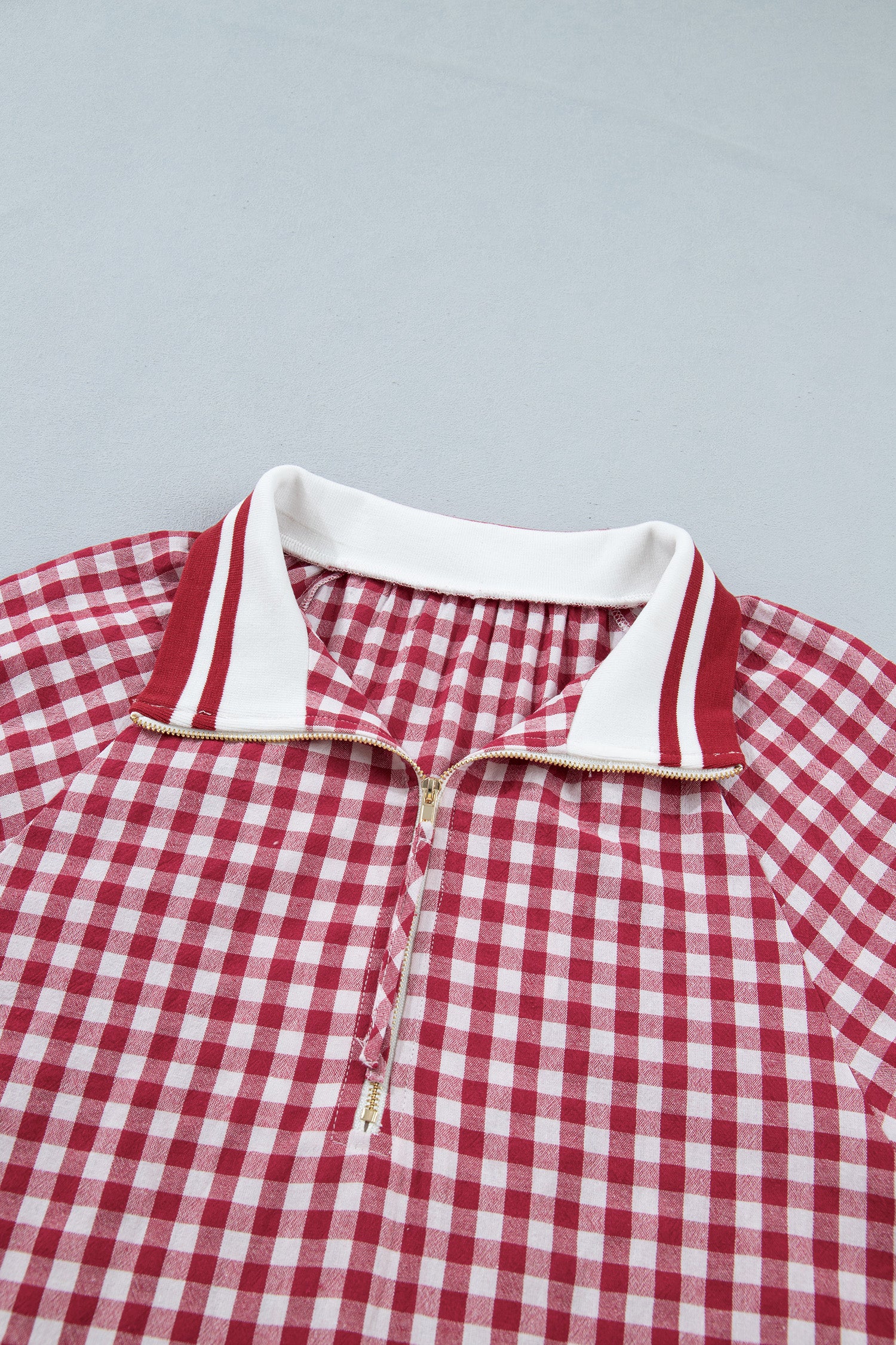 Red Gingham Striped Patchwork Half Zip Blouse