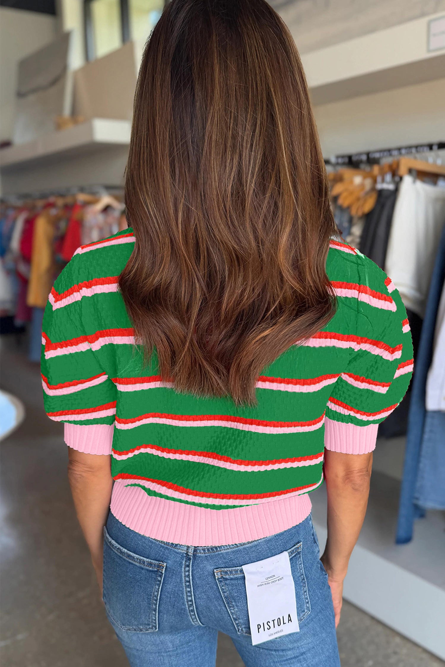 Sky Blue Stripe Colorblock Trim Half Sleeve Sweater Top