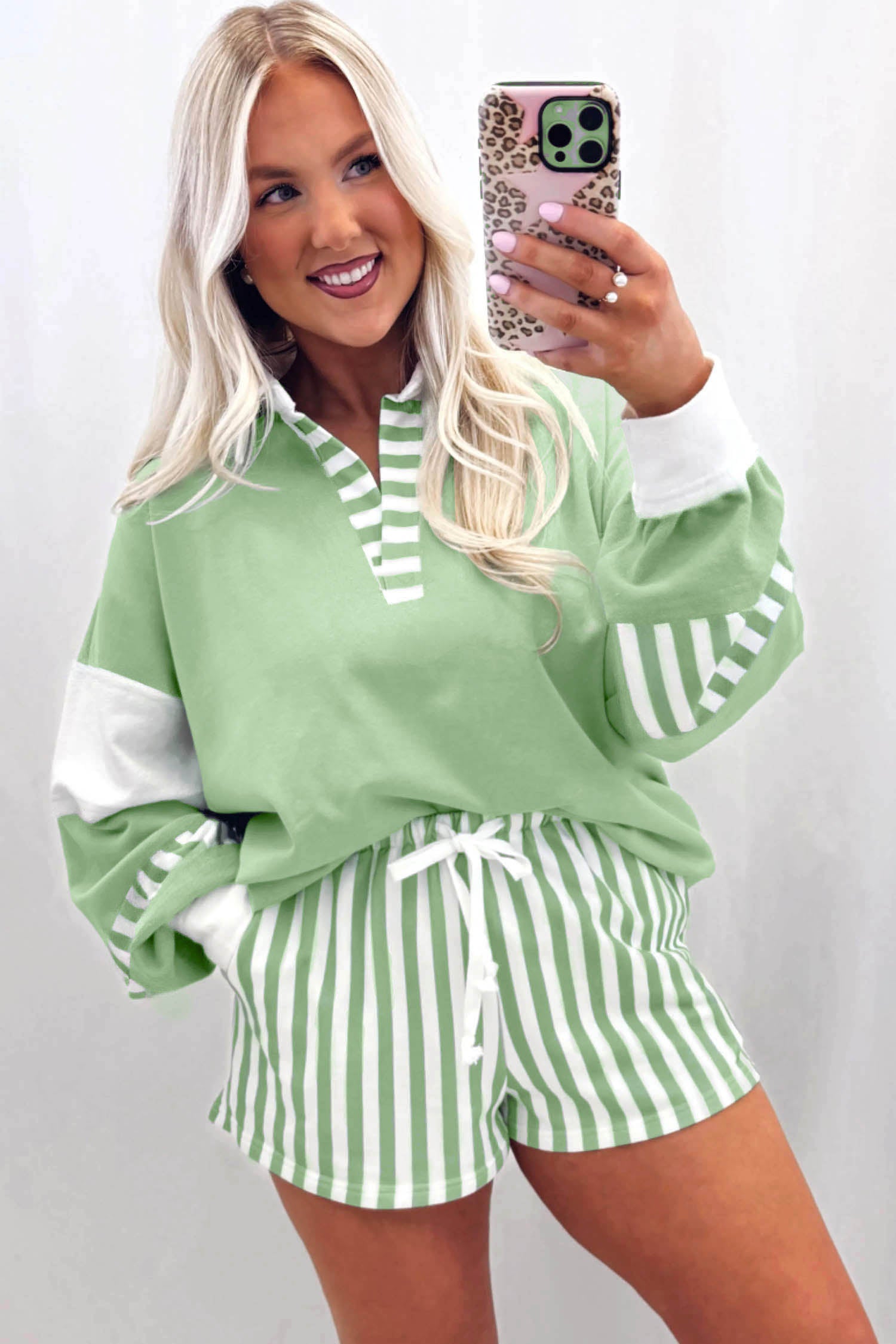Smoke Green Casual Striped Two Piece Set Long Sleeve Shift Silhouette Daily Wear Pantsuit
