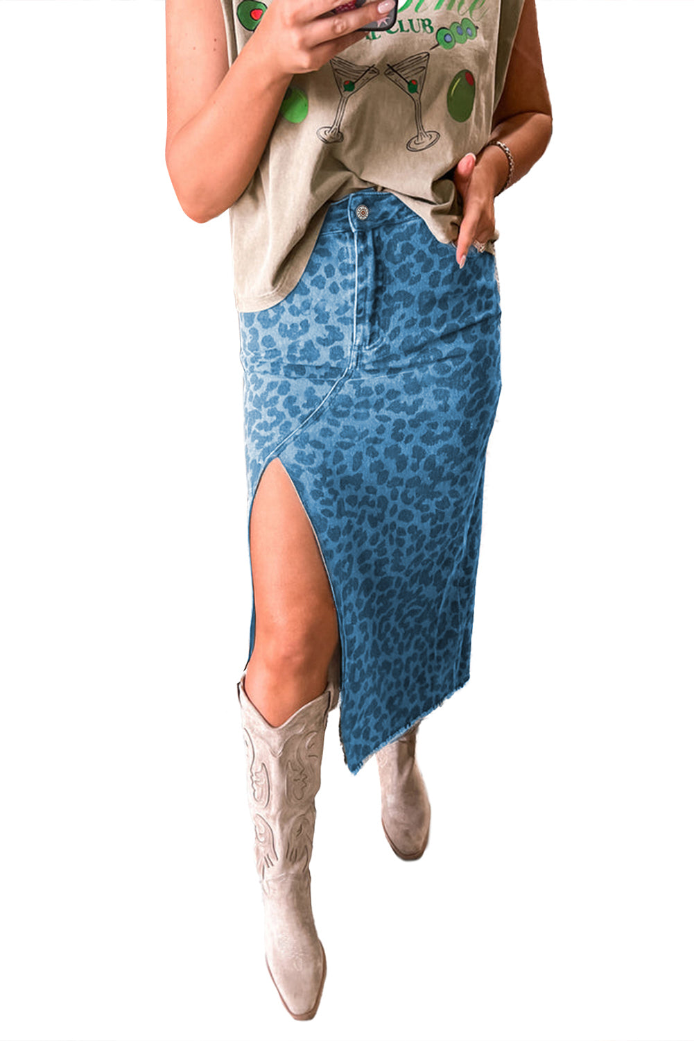 Brown Leopard Print Frayed Edge Denim Skirt Long Casual Daily Wear