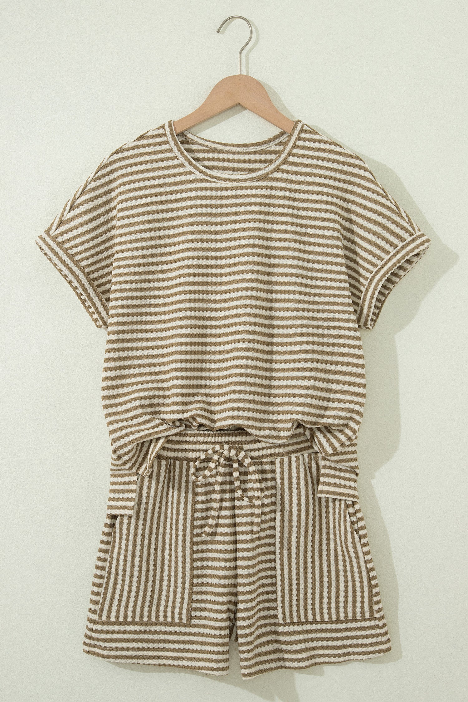Purple Stripe Breathable Textured Knit Short 2pcs Set