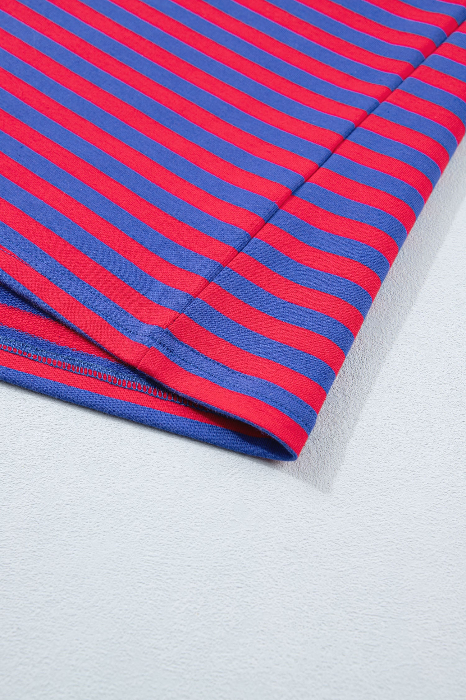Blue Stripe Striped Ribbed Cotton Two-Piece Short Set with Chest Patch Detail