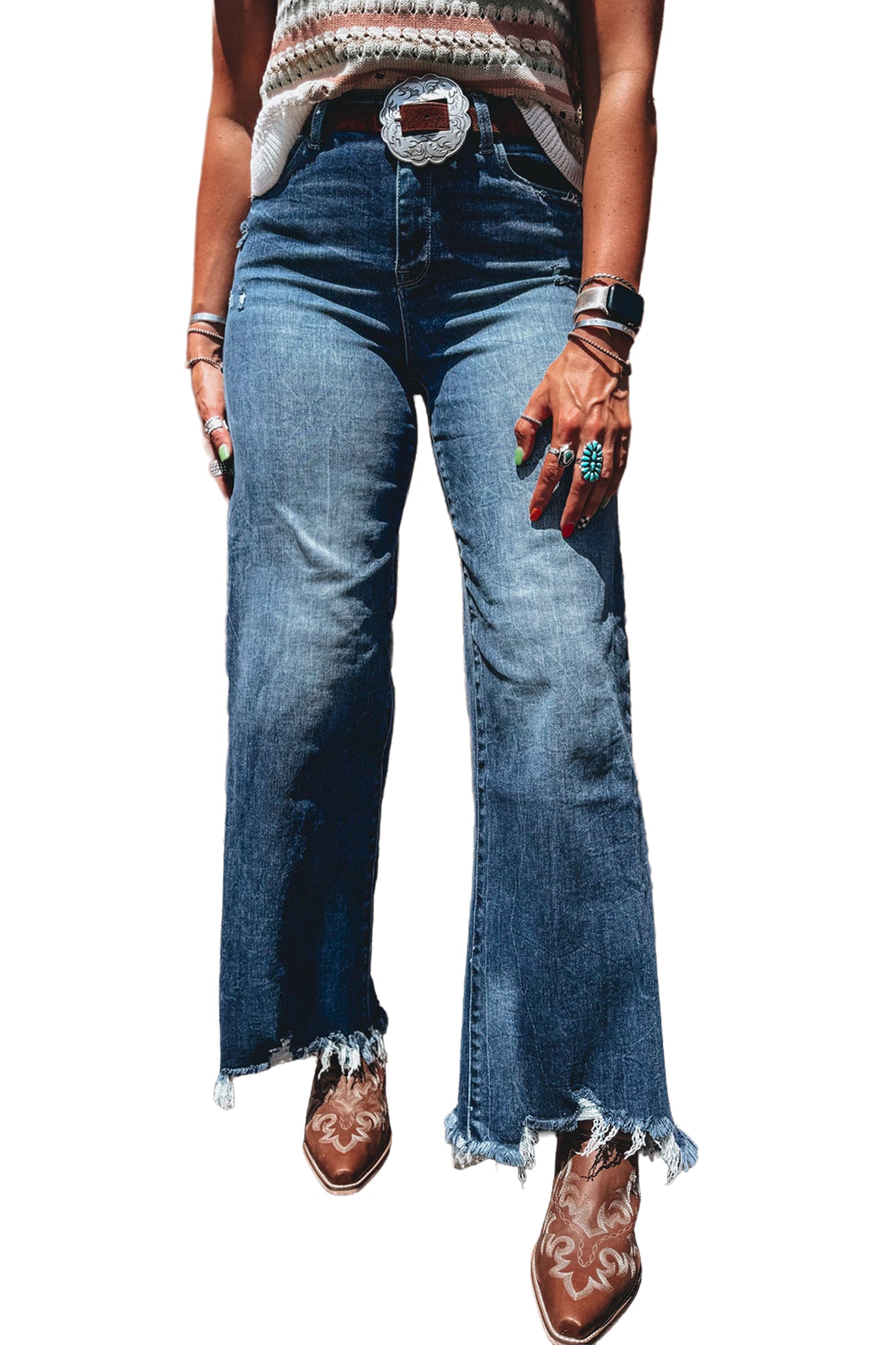 Ashleigh Blue Flare Leg Jeans Frayed Edge Pocket Casual Daily Ankle-length Denim Pants