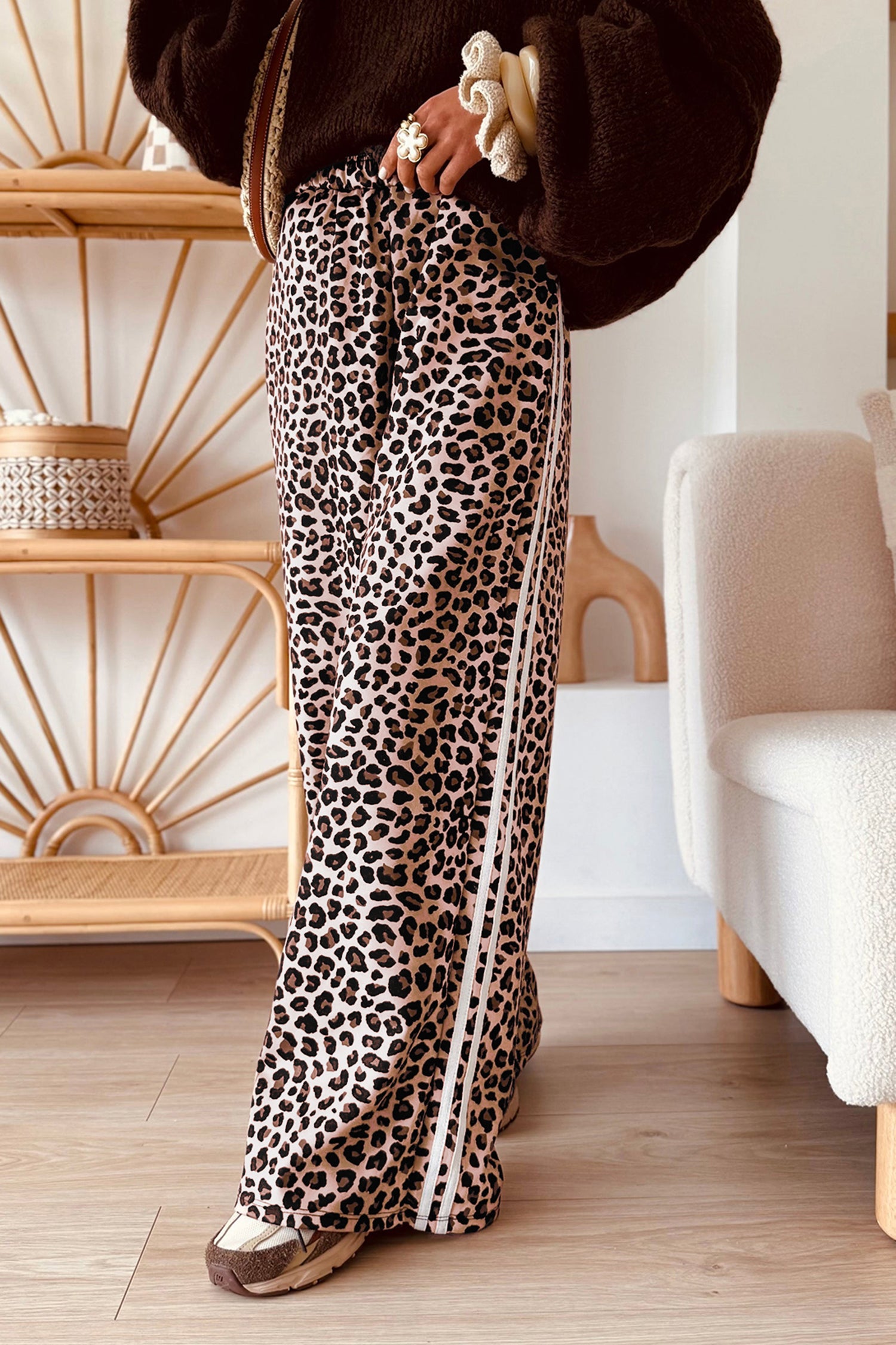 Beige Leopard Wide Leg Pants with Side Stripe Detail Casual Full-Length Trousers