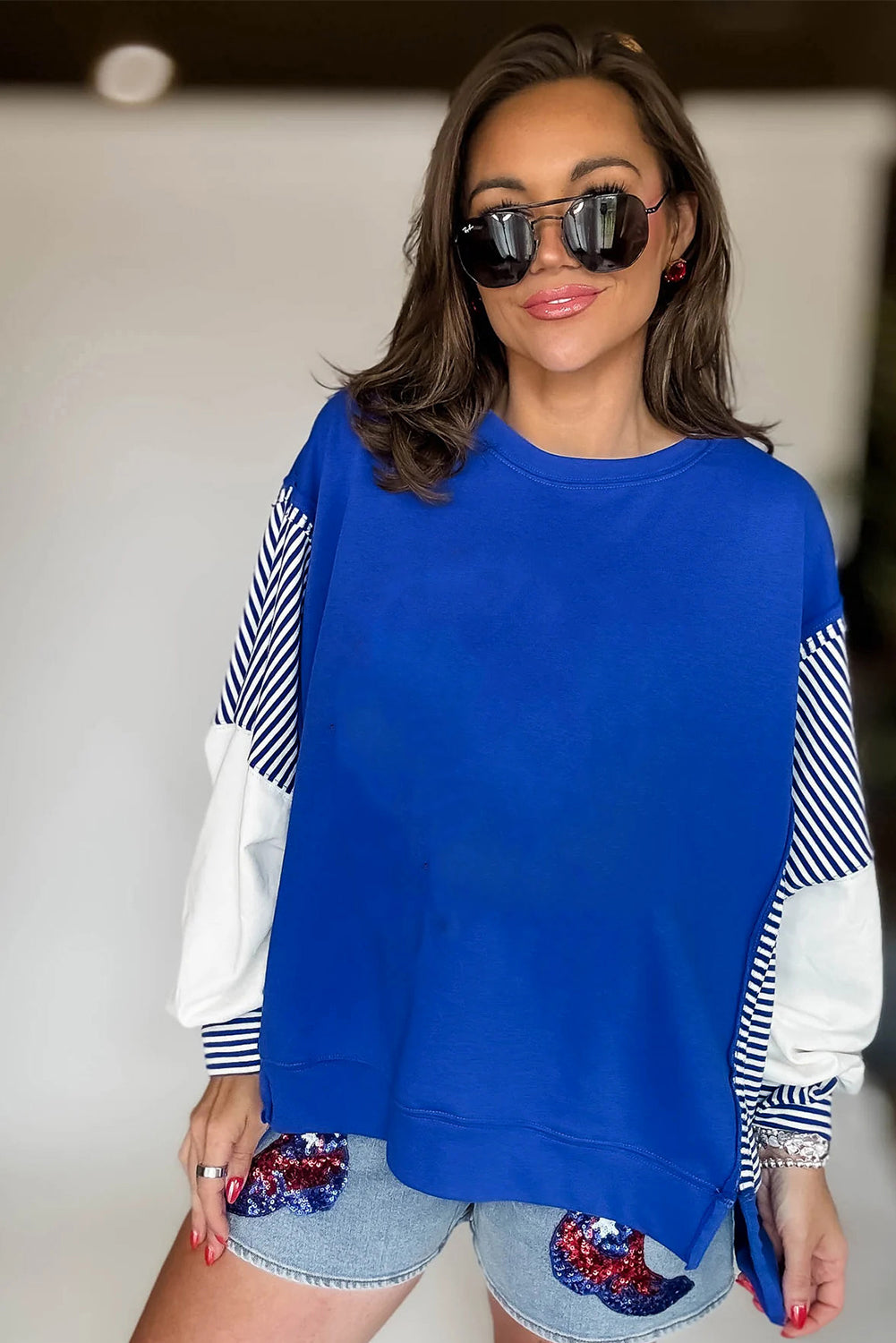 Fiery Red Striped Patchwork Sleeve Colorblock Sweatshirt