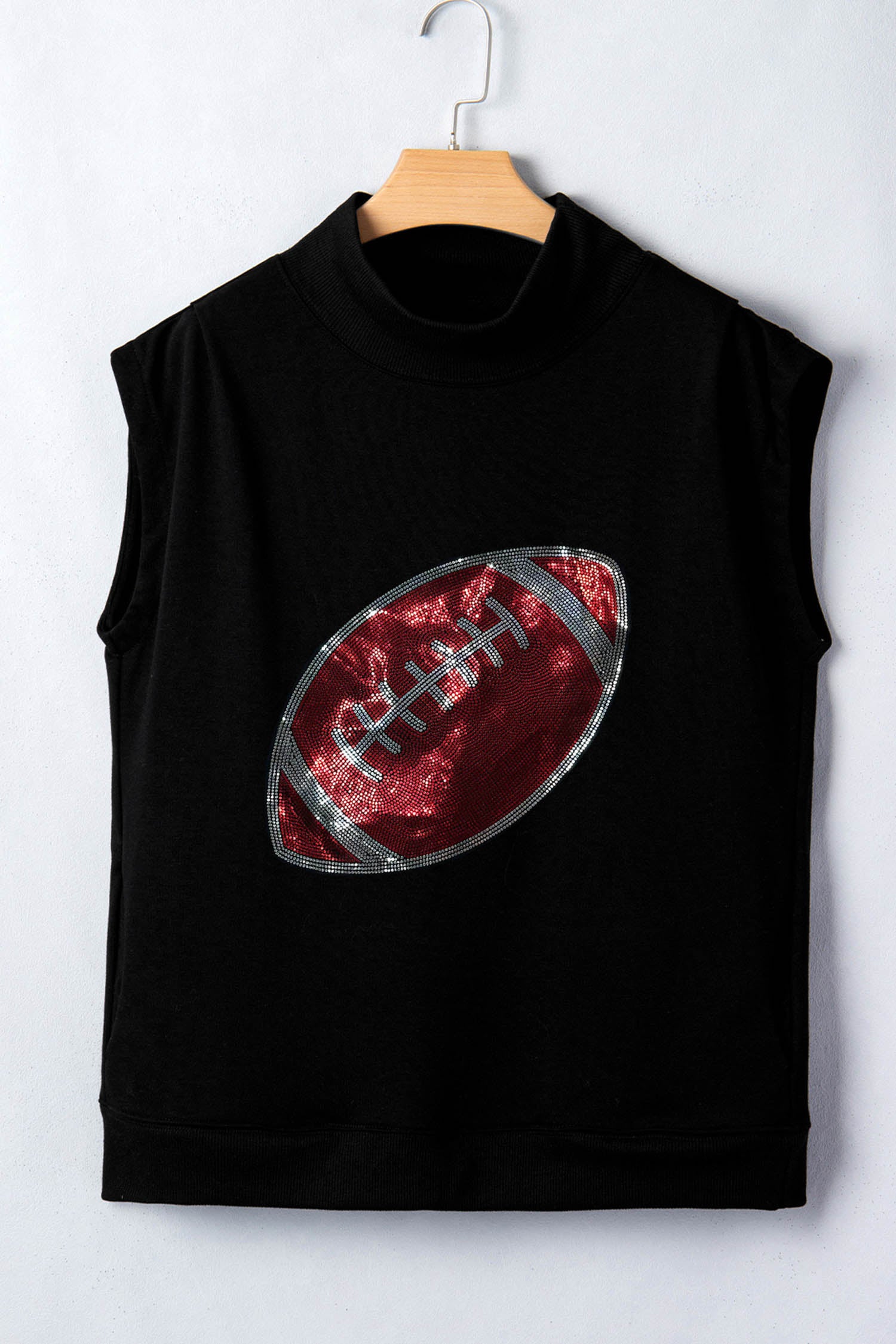 Black Rhinestone Rugby Football Pattern High Neck Short Sleeve Top