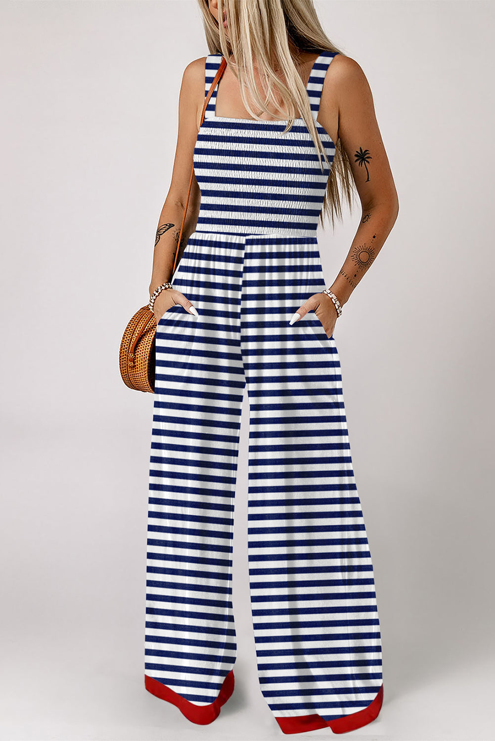 Green Stripe Square Neck Shirred Wide Leg Jumpsuit
