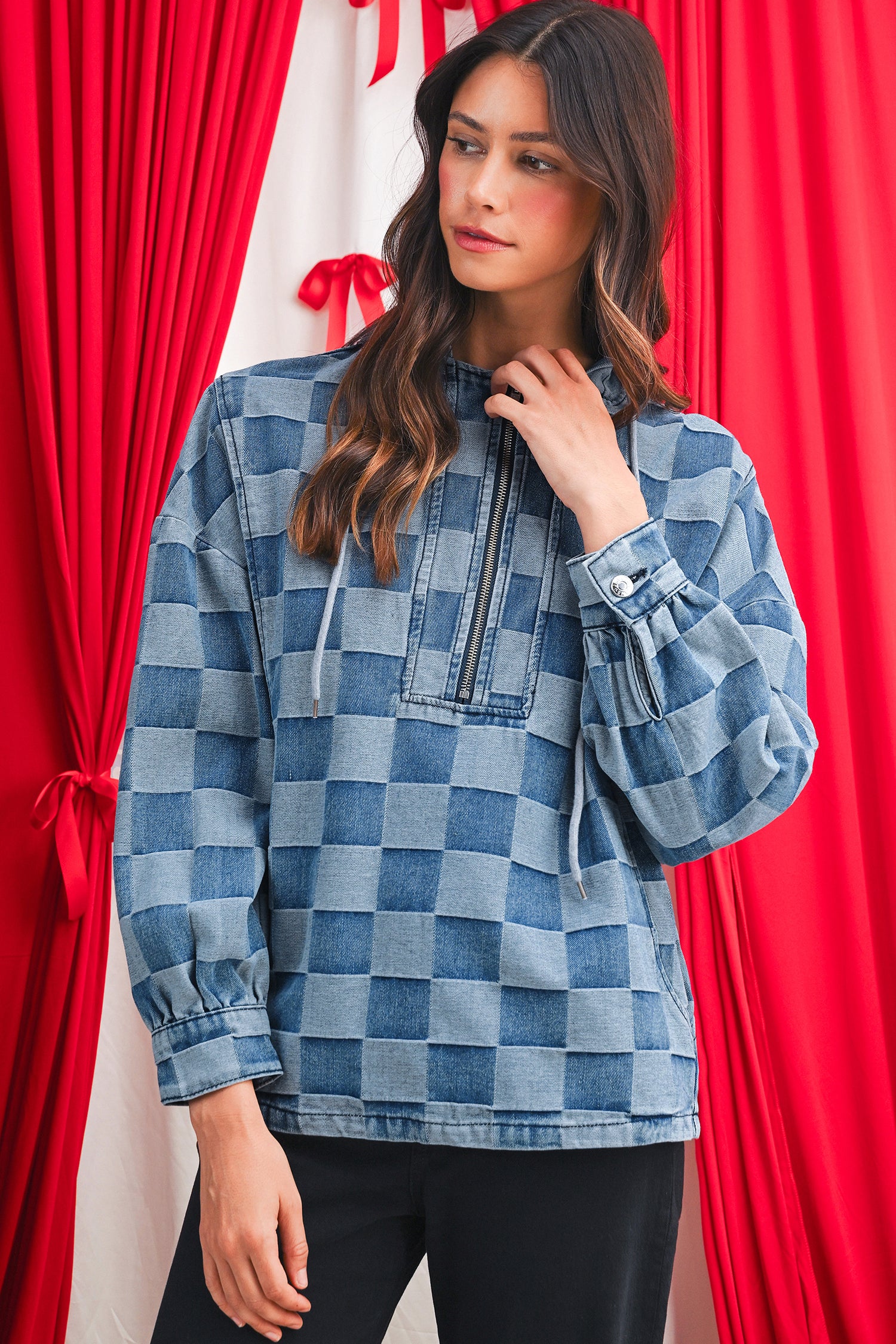 Sky Blue Checkerboard Zipped Collar Kangaroo Pocket Denim Hoodie