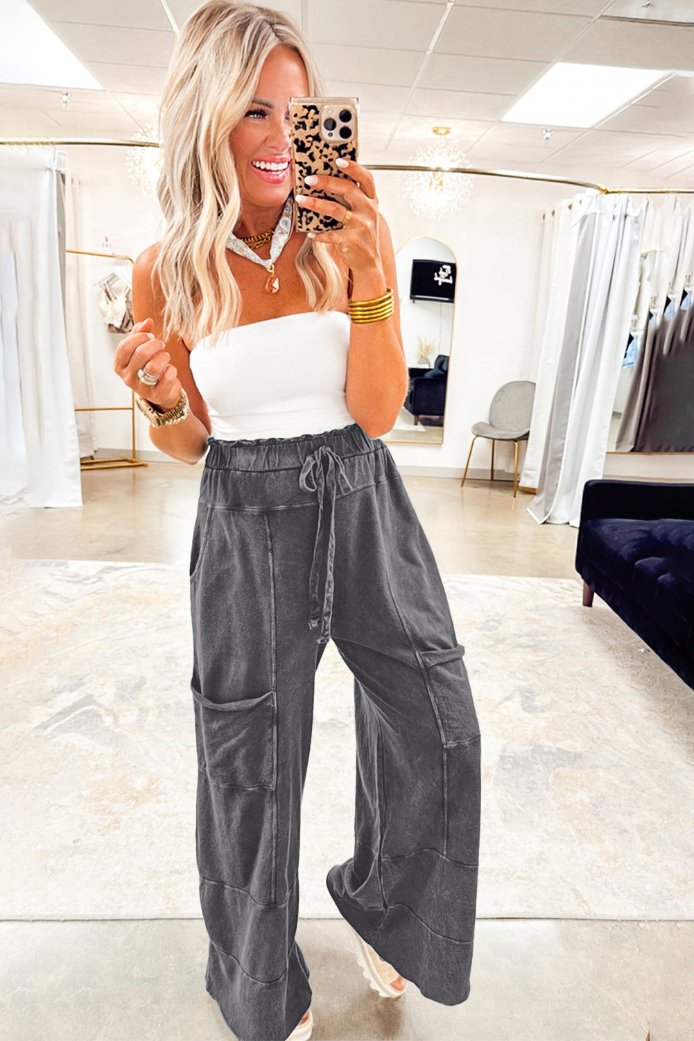 Medium Grey Mineral Wash Knot High Waist Raw Hem Pants