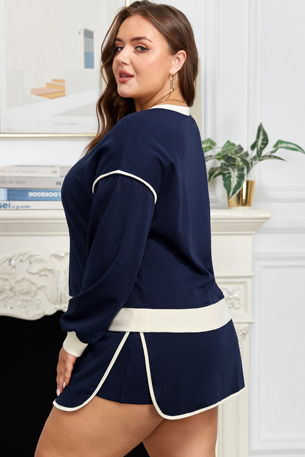 Navy Blue Plus Size Contrast Color Drop Shoulder Top and Mini Skort Outfit