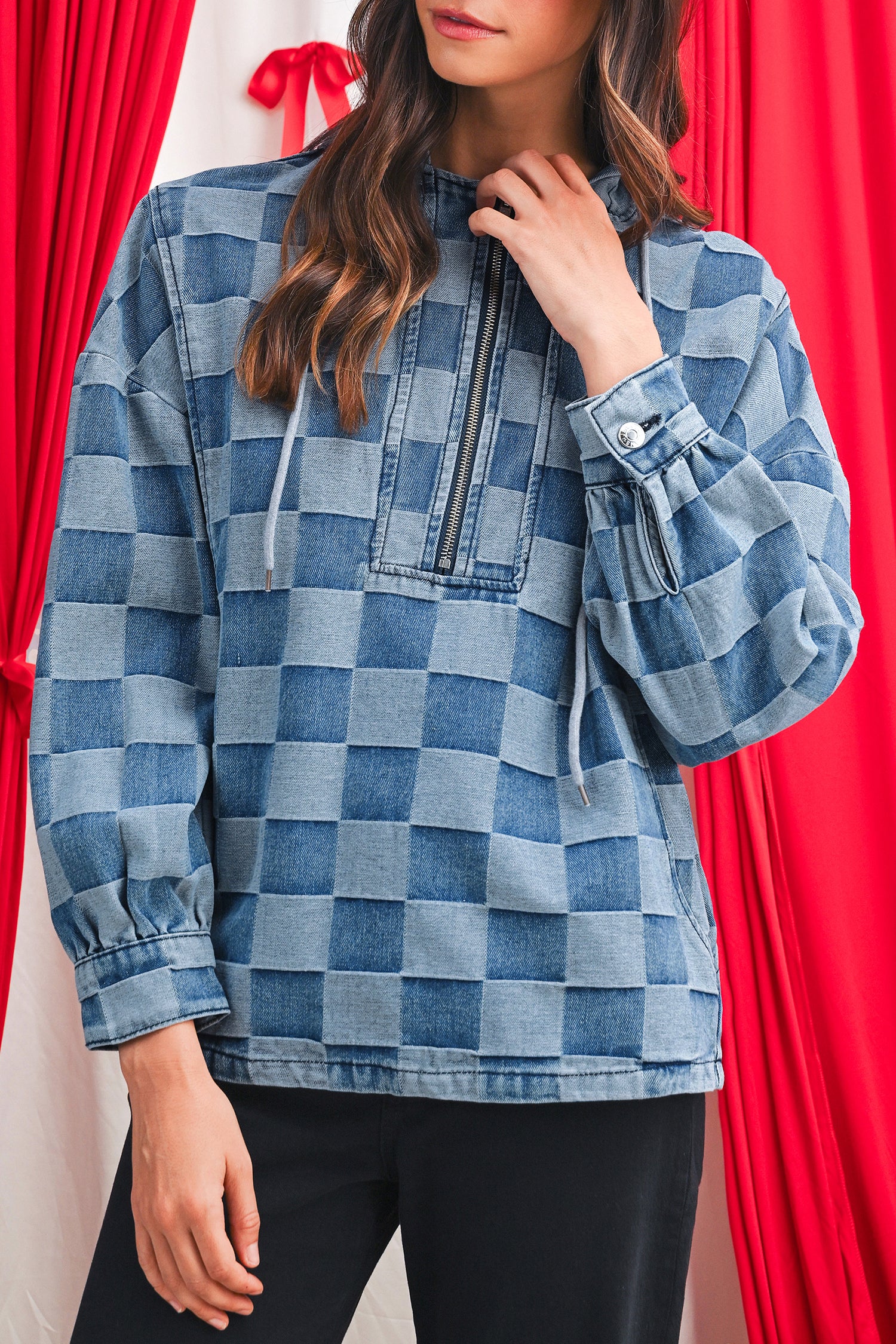 Sky Blue Checkerboard Zipped Collar Kangaroo Pocket Denim Hoodie