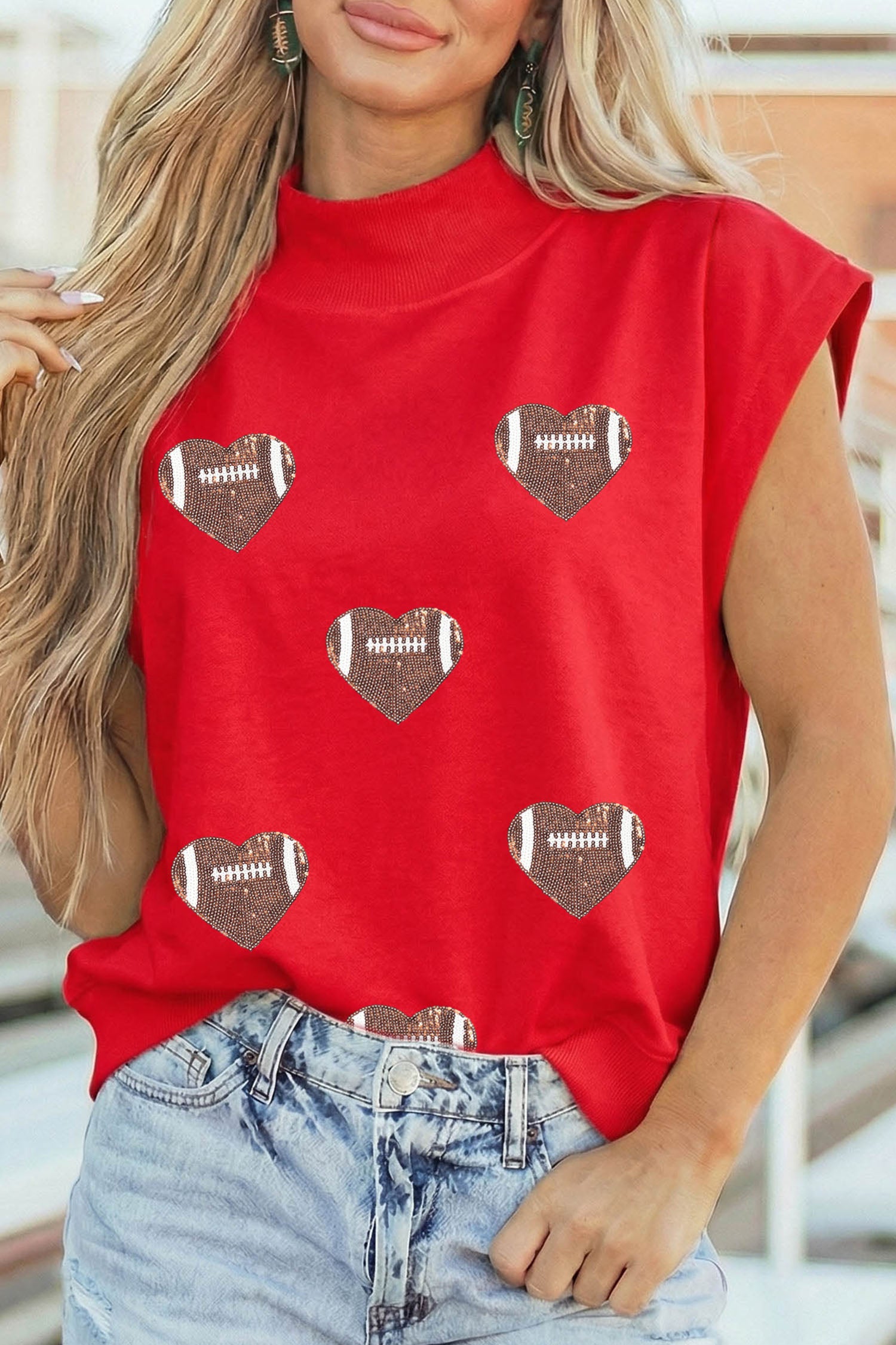 Racing Red Sequin Heart Football High Neck Casual Tunic Top