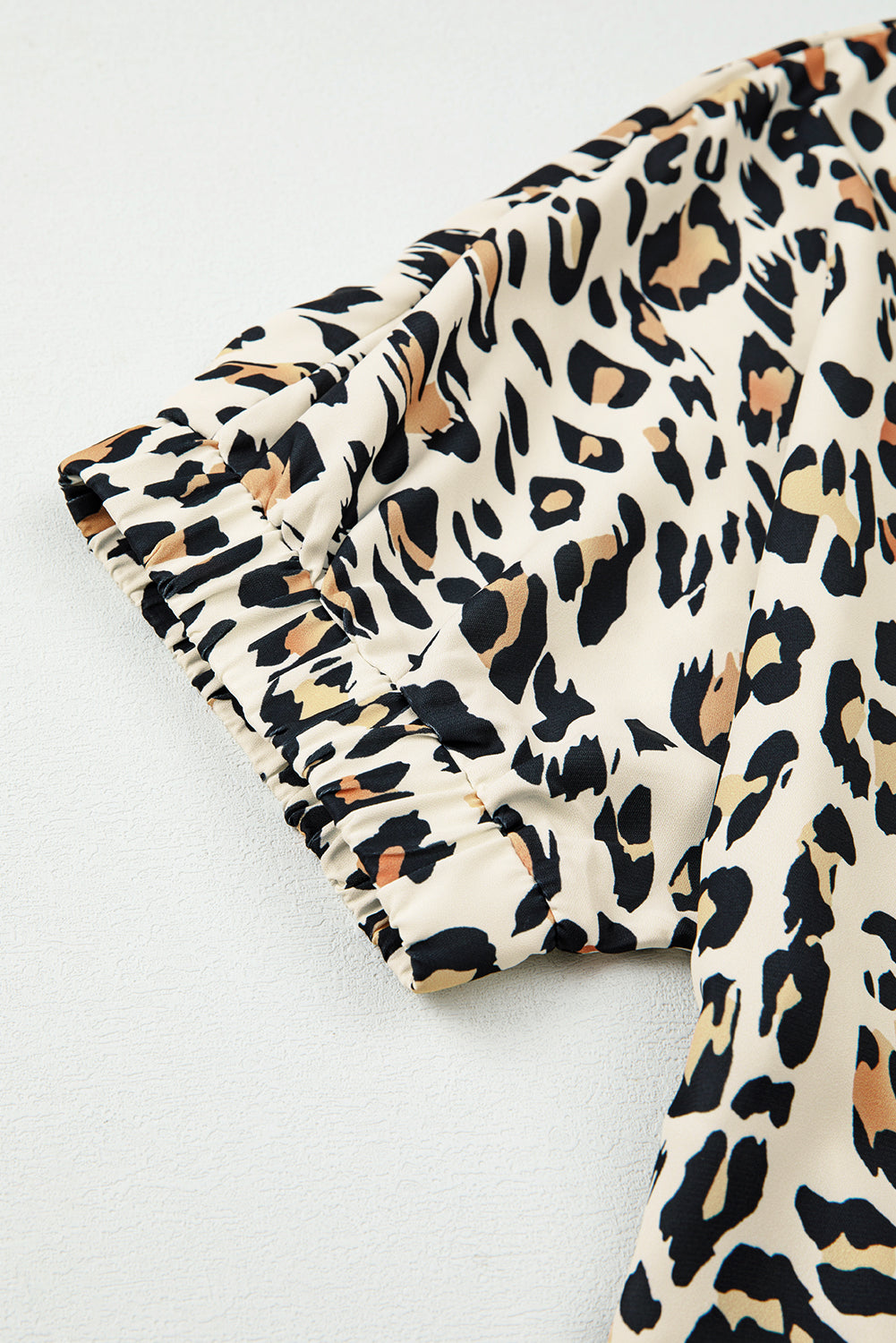 Sky Blue Leopard Color Block Contrast Striped V Neck Half Sleeve Loose Fit Blouse