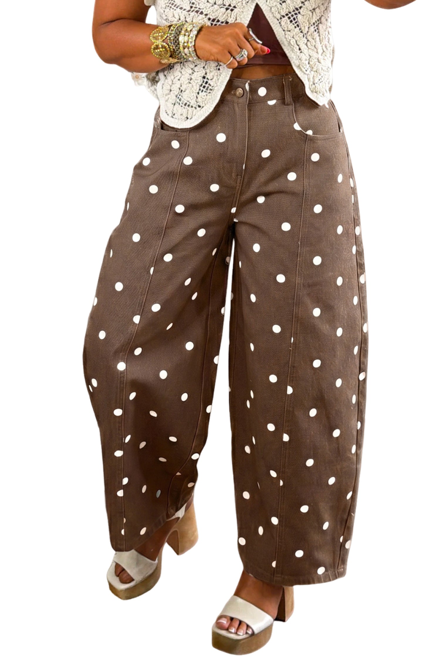 Pink Polka Dot Print Seam Detail Barrel Jeans