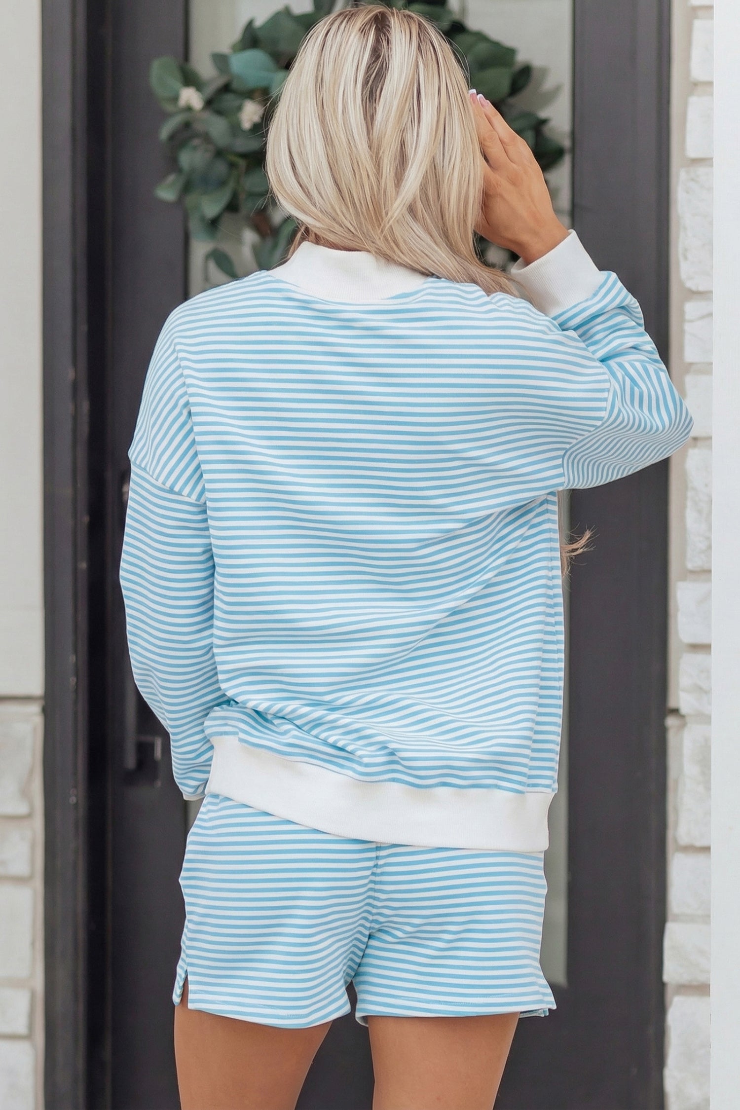 Red Stripe Oversize Mock Neck Sweatshirt and Shorts Set