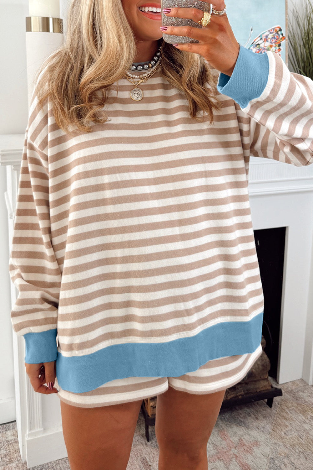 Khaki Striped Contrast Edge Drop Shoulder Pullover and Shorts Plus Size Set