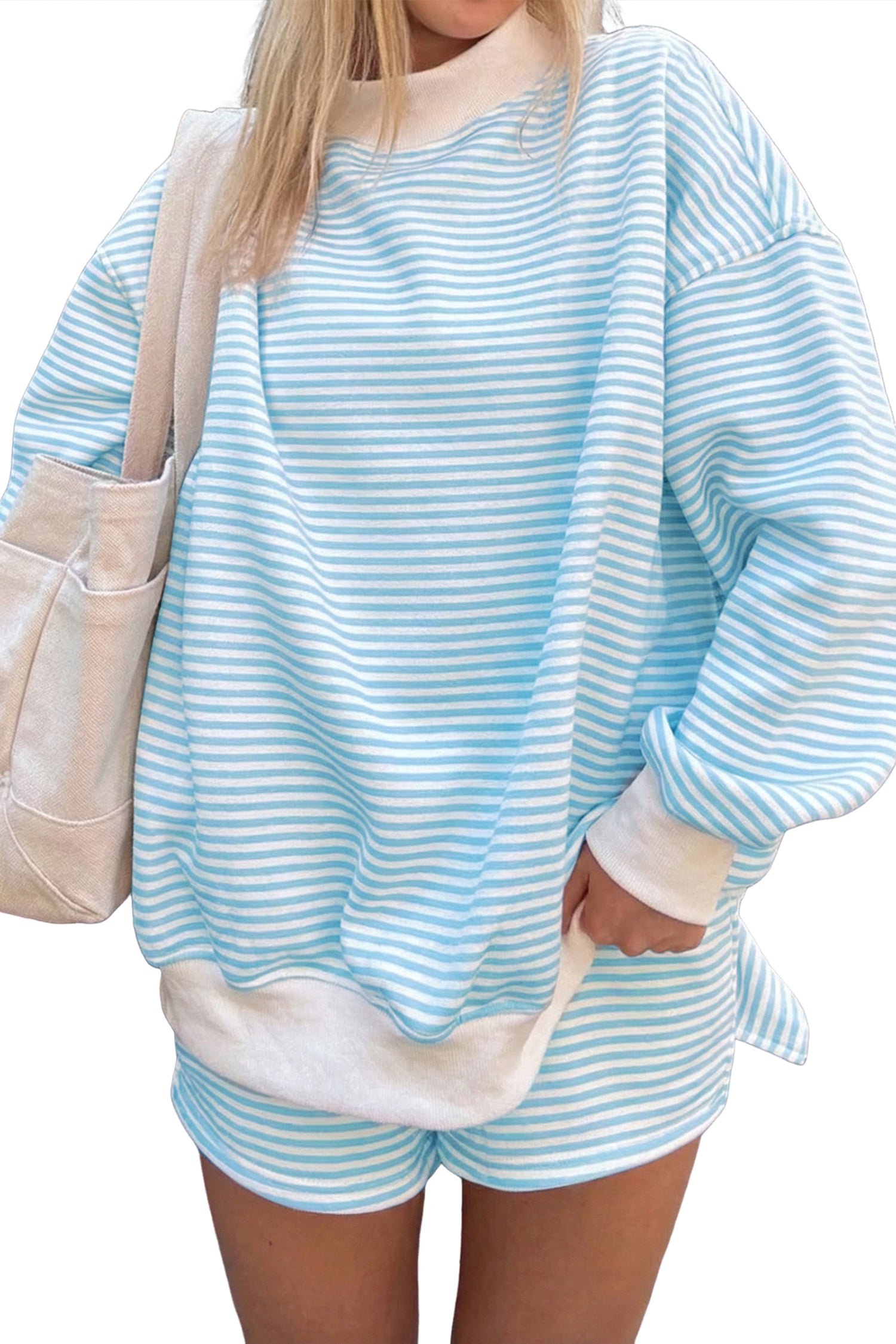 Red Stripe Oversize Mock Neck Sweatshirt and Shorts Set
