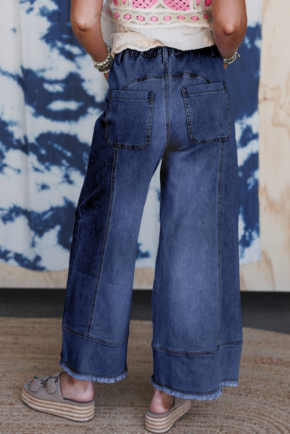 Gray Drawstring Seam Detail Raw Hem Wide Leg Jeans