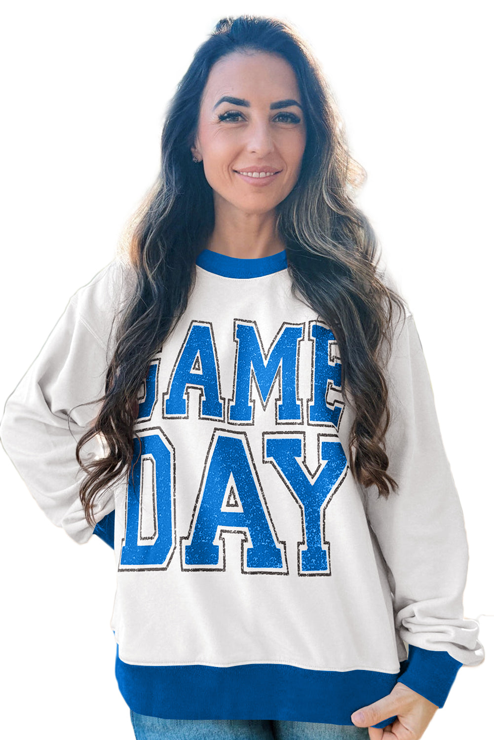 Oatmeal GAME DAY Letter Contrast Trim Baggy Sweatshirt