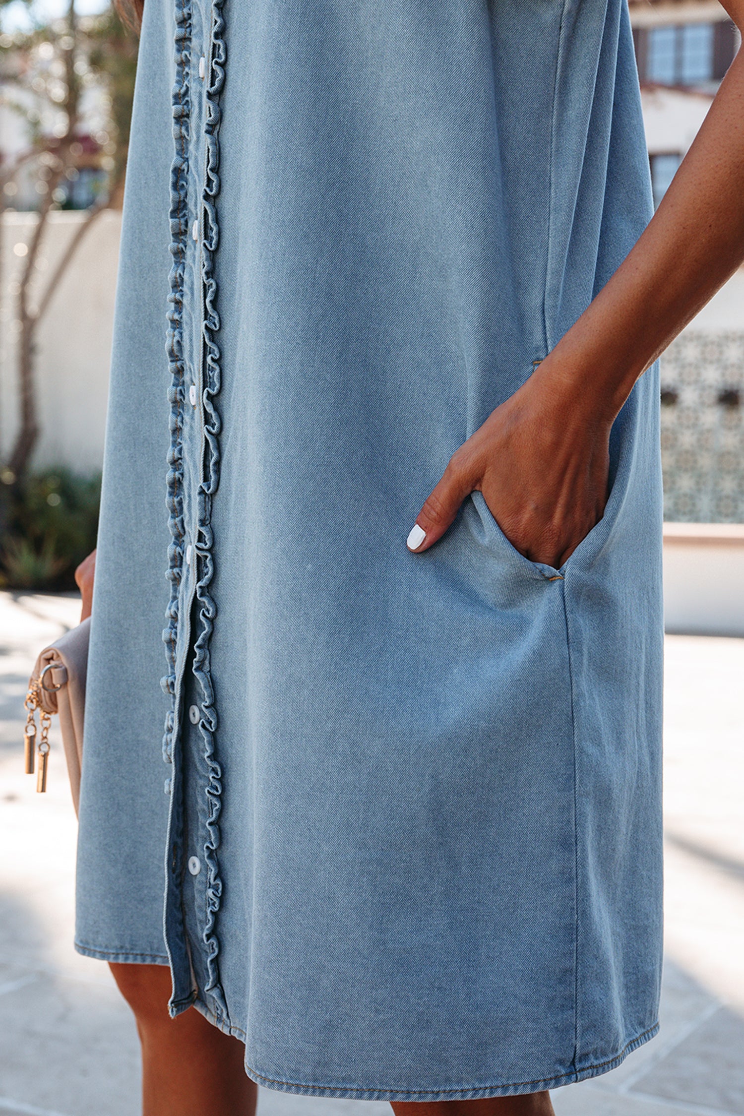 Red Sandalwood Frilled Detail Button Down Ruffle Short Sleeve Denim Mini Dress