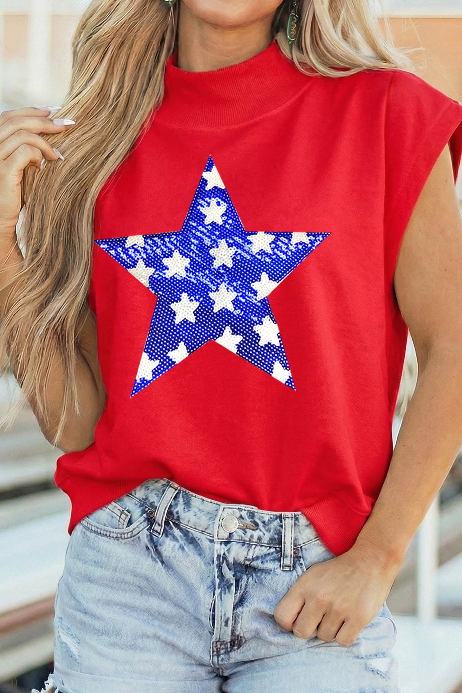 Racing Red High Neck Sleeveless Star Print Casual Shift Tunic Top