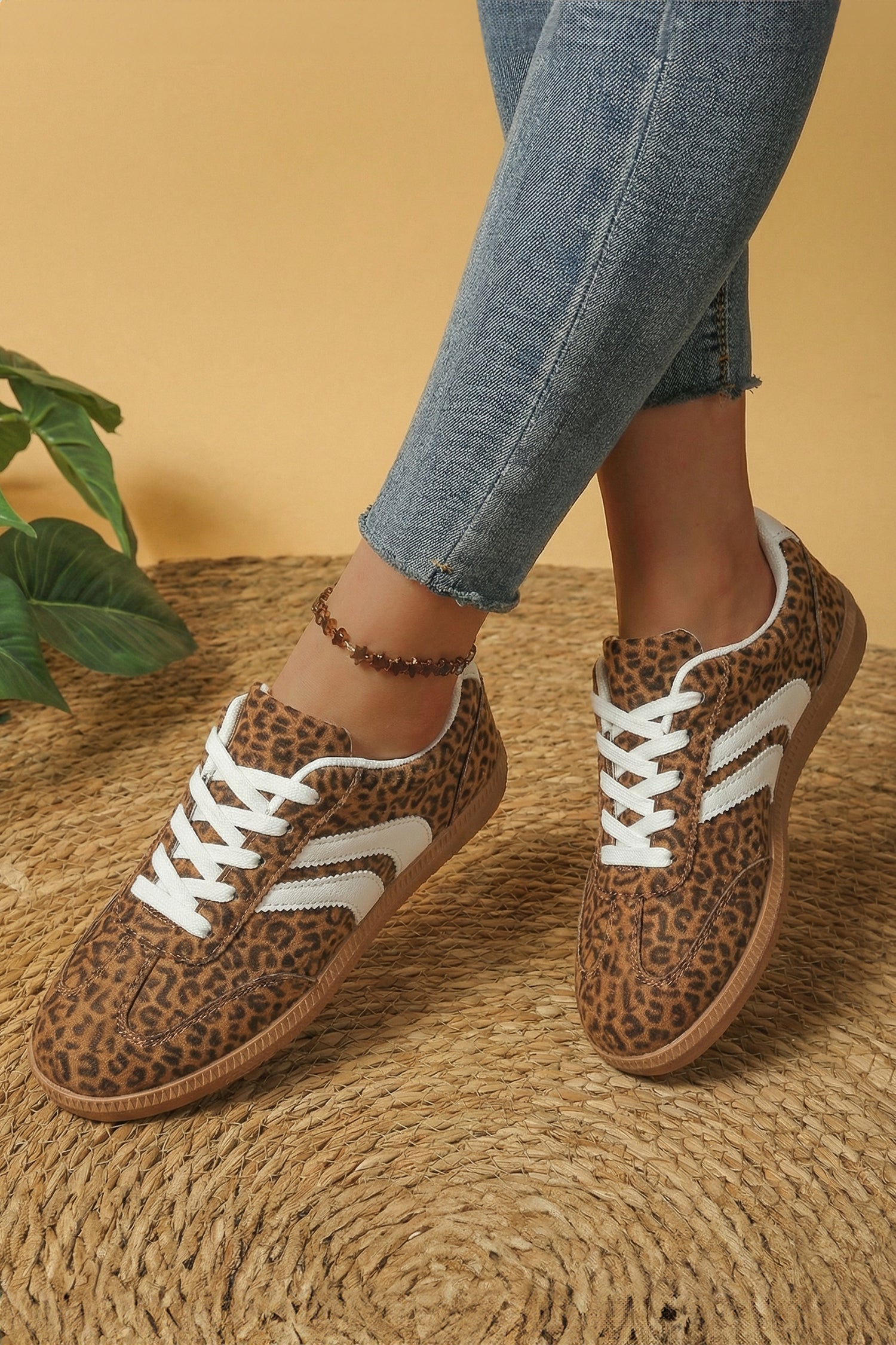 White PU Leather Detail Shimmer Leopard Printed Lace-up Sneakers