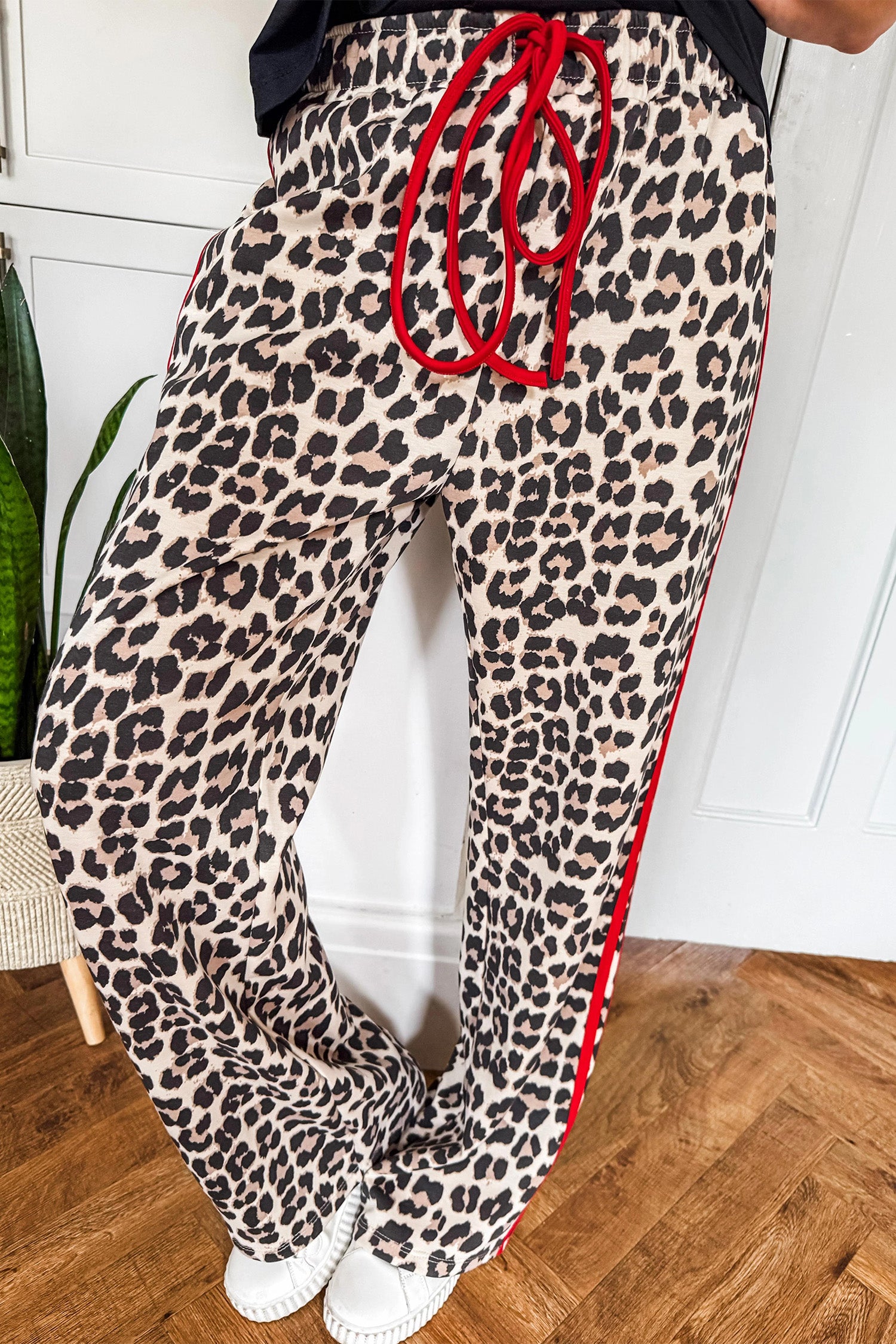 Red Side Stripe Leopard Wide leg Trousers
