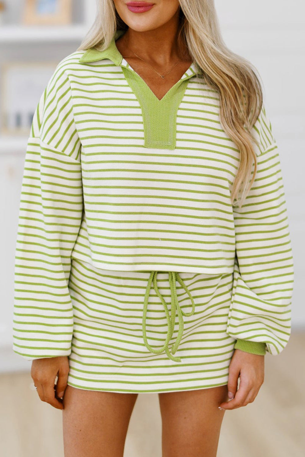 Red Stripe Collared V Neck Drop Shoulder Pullover and Skirt Set