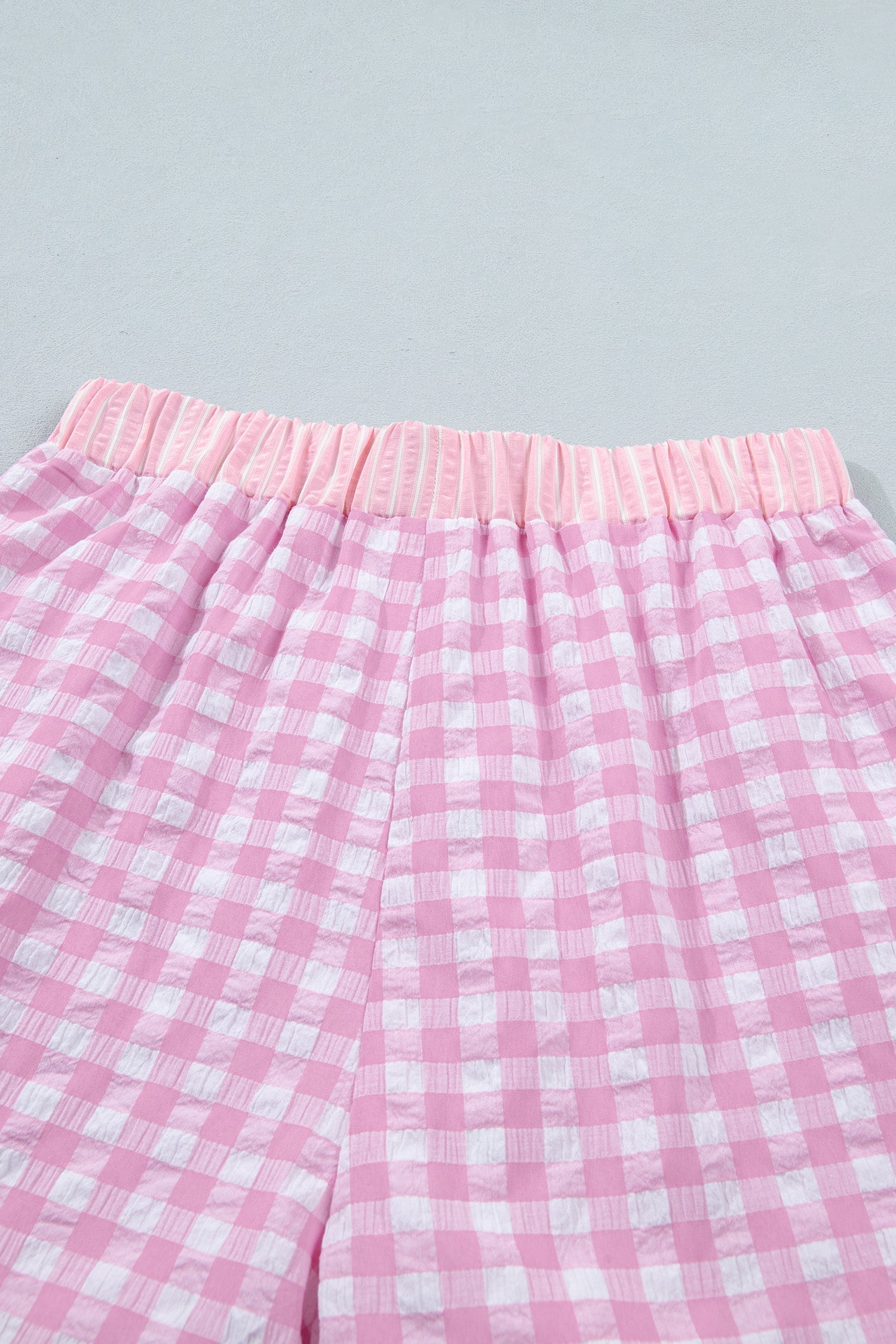 Sky Blue Gingham Print Ruffle Striped Detail Lace Tie Shorts