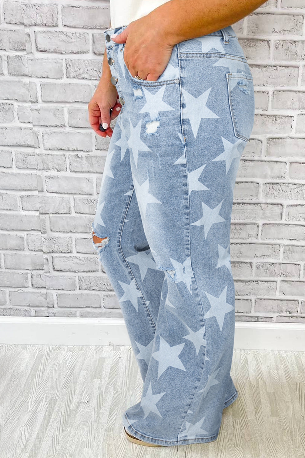 Sky Blue Star Print Multi Buttons Slit Knee Destroyed Plus Size Jeans