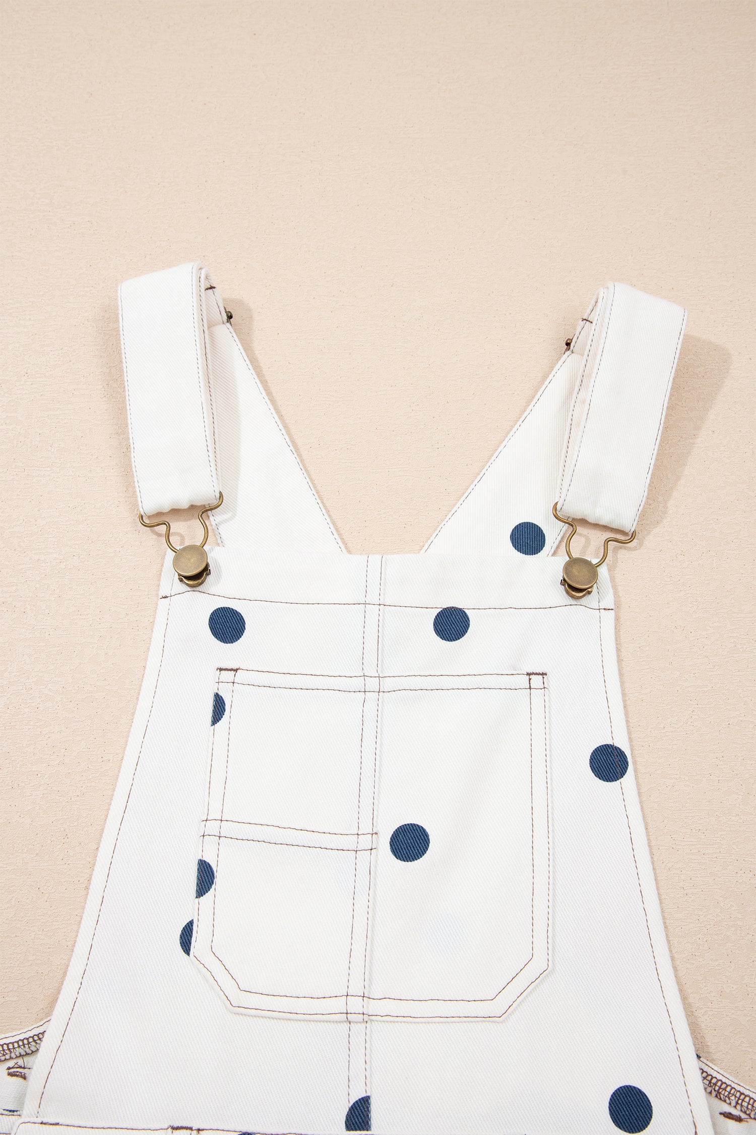Light French Beige Polka Dot Print Bib Pocket Denim Barrel Overalls Jumpsuit