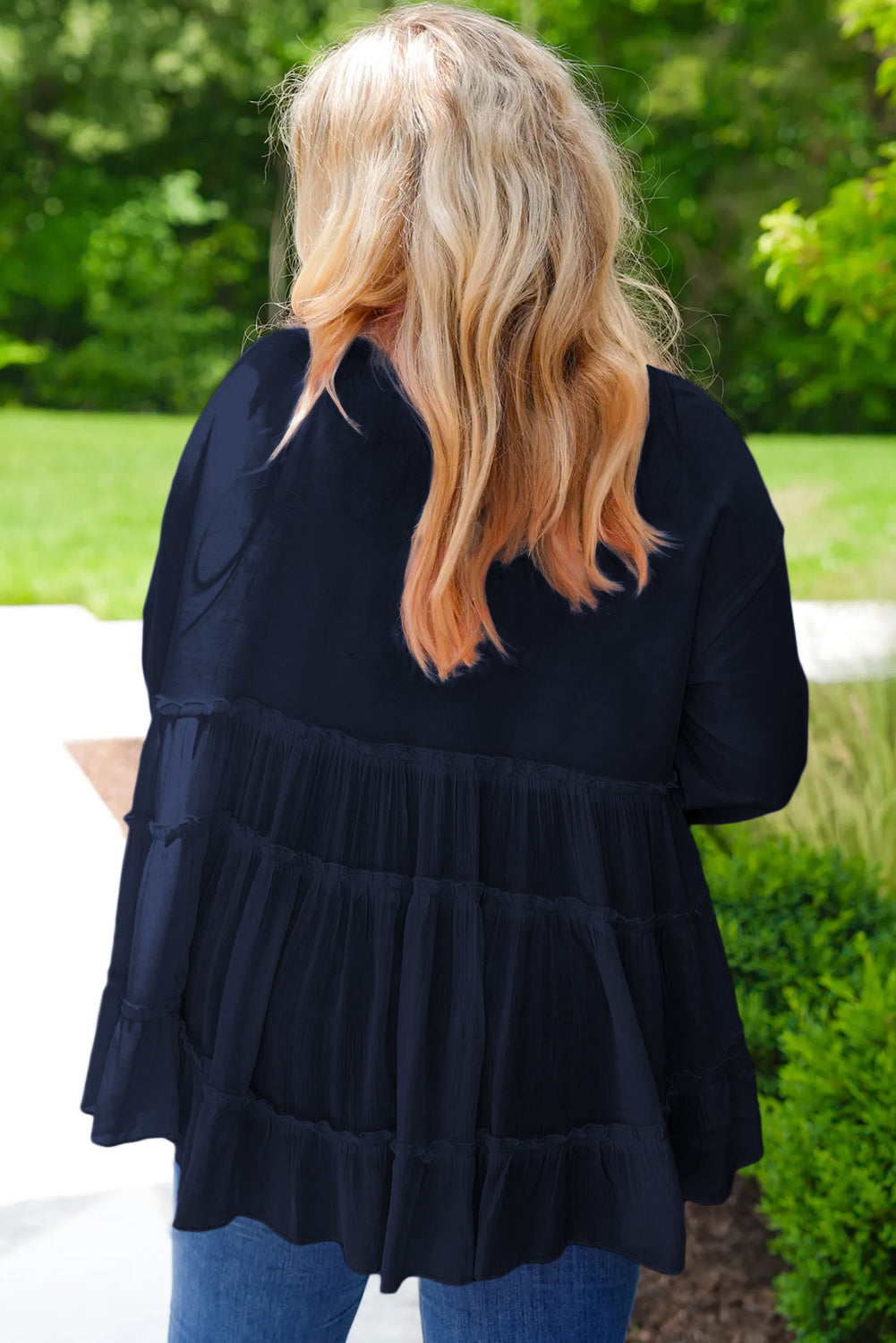 Pink Frill Tiered Patchwork Ribbed Trim Flowy Plus Size Top