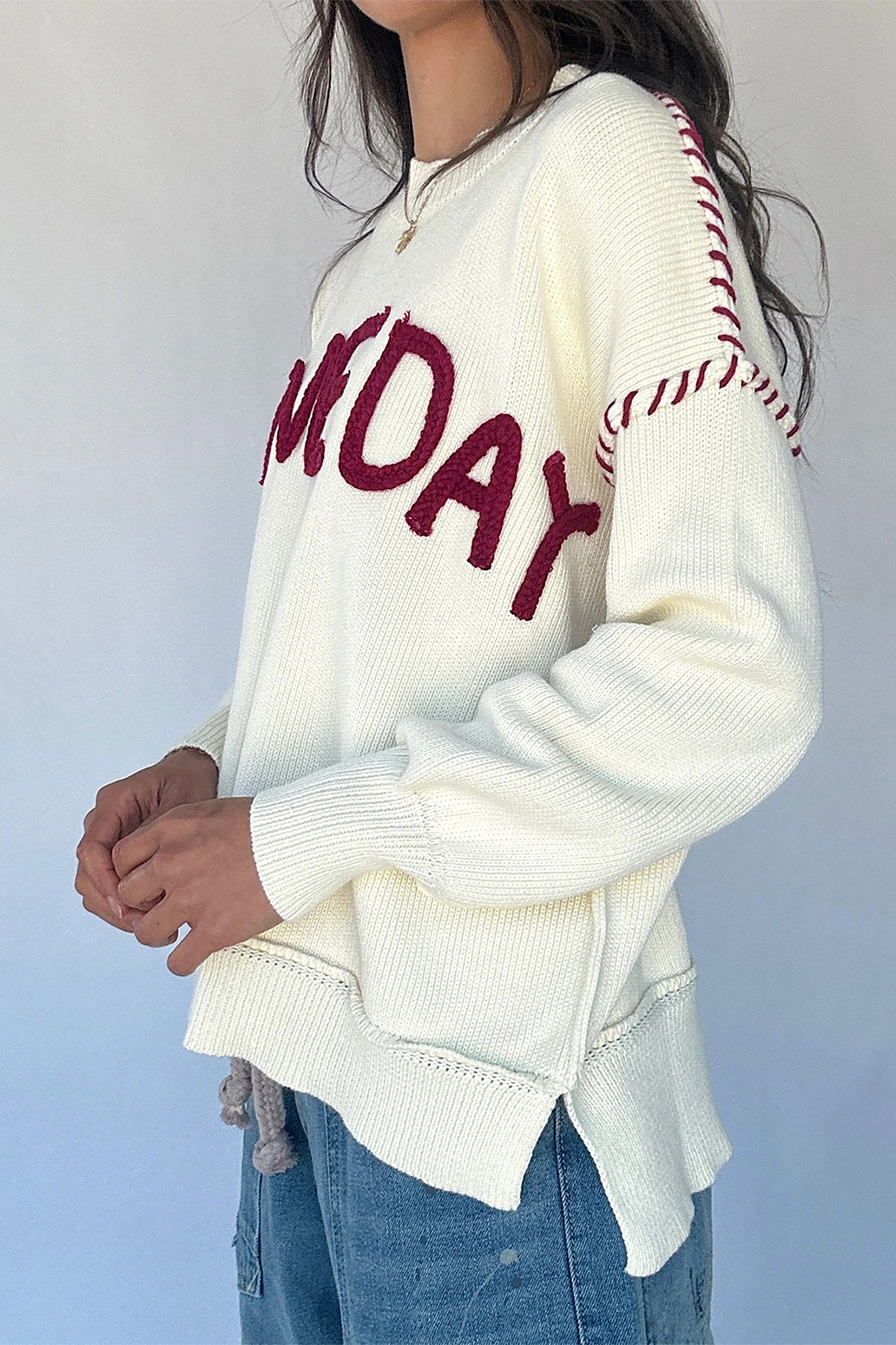 Beige Game Day Letter Print Round Neck Long Sleeve Casual Pullover Sweater