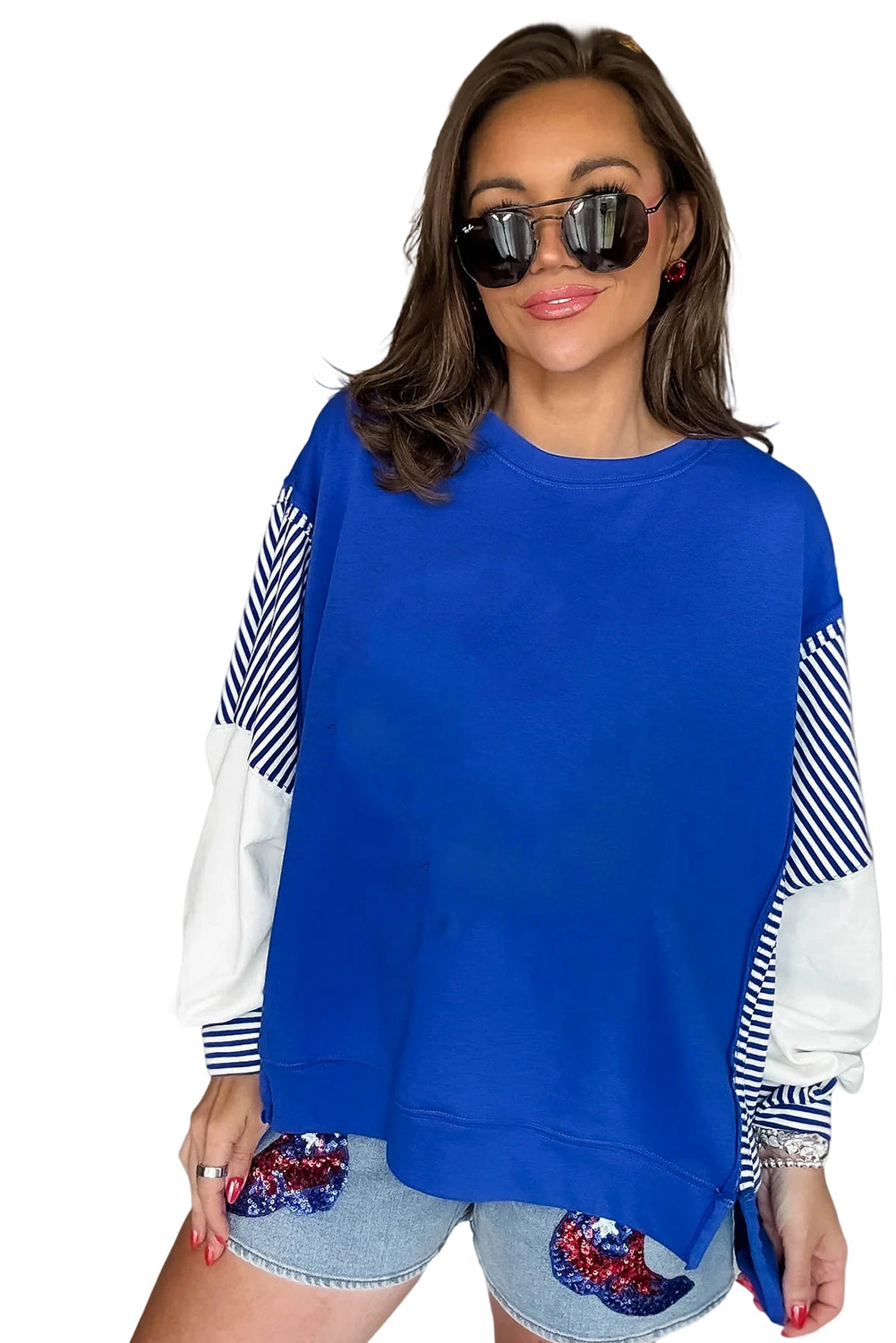 Fiery Red Striped Patchwork Sleeve Colorblock Sweatshirt