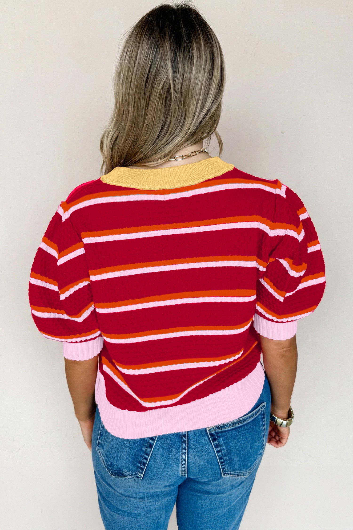 Sky Blue Stripe Colorblock Trim Half Sleeve Sweater Top