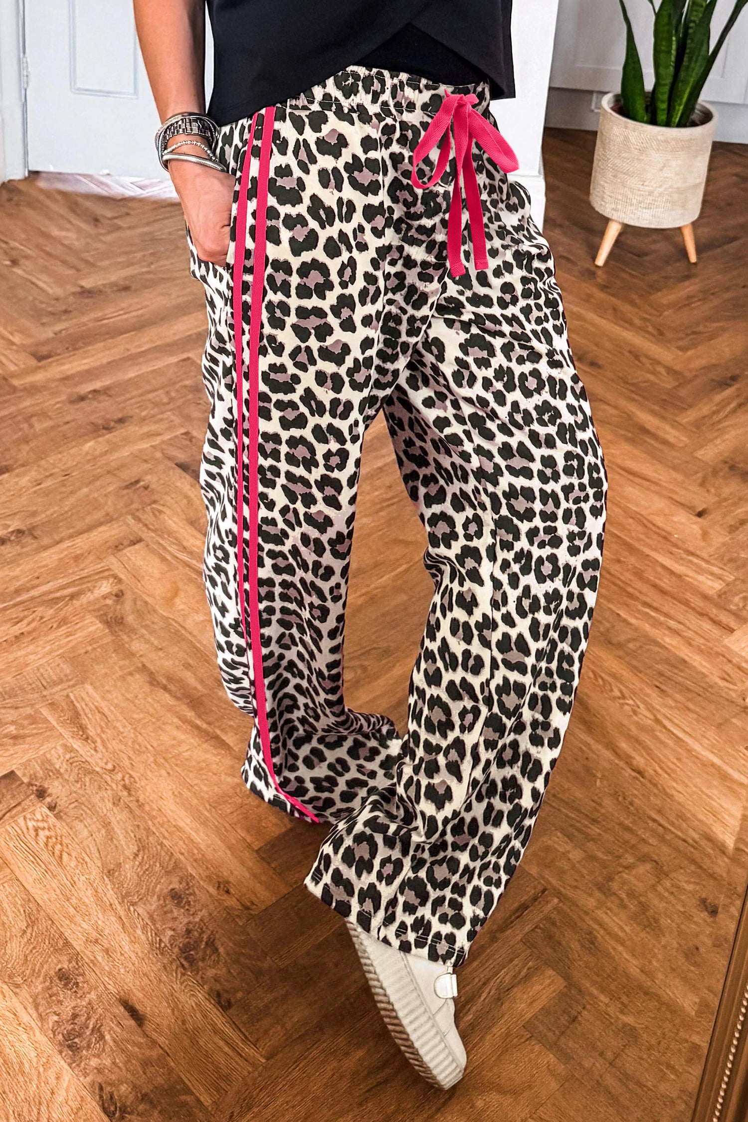 Red Side Stripe Leopard Wide leg Trousers