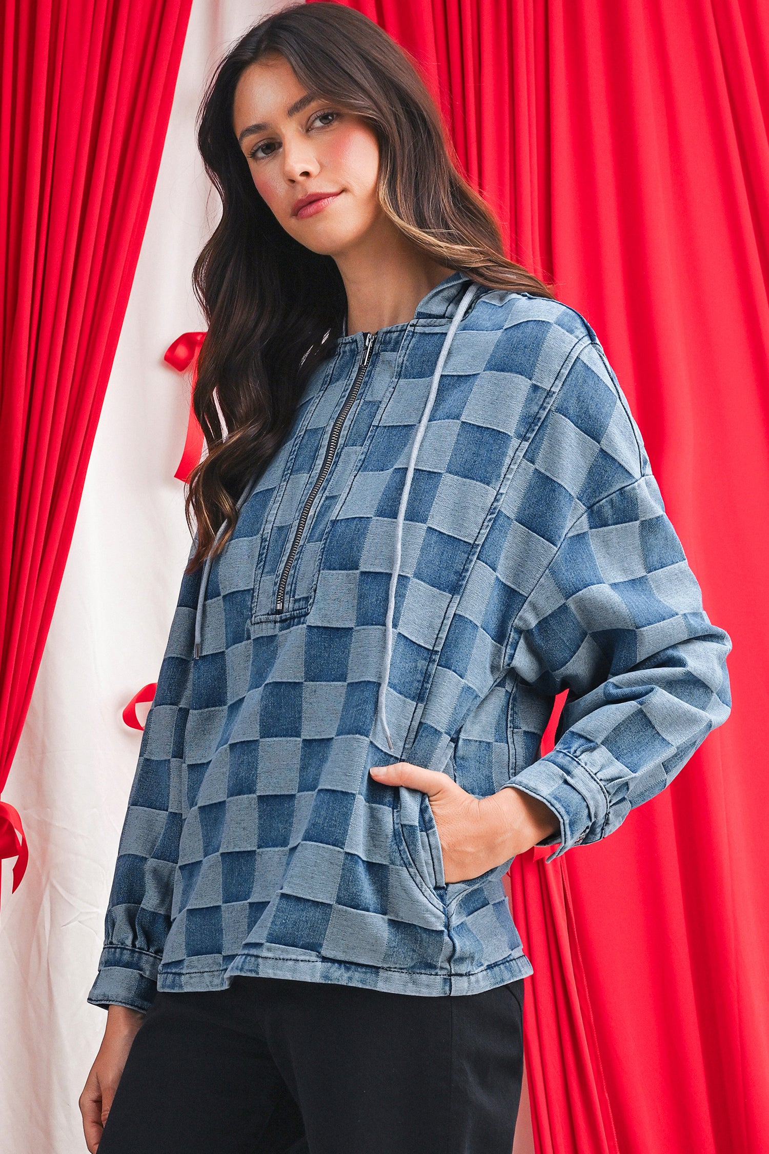 Sky Blue Checkerboard Zipped Collar Kangaroo Pocket Denim Hoodie