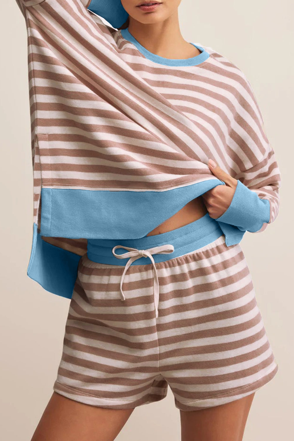 Khaki Striped Contrast Edge Drop Shoulder Pullover and Shorts Plus Size Set