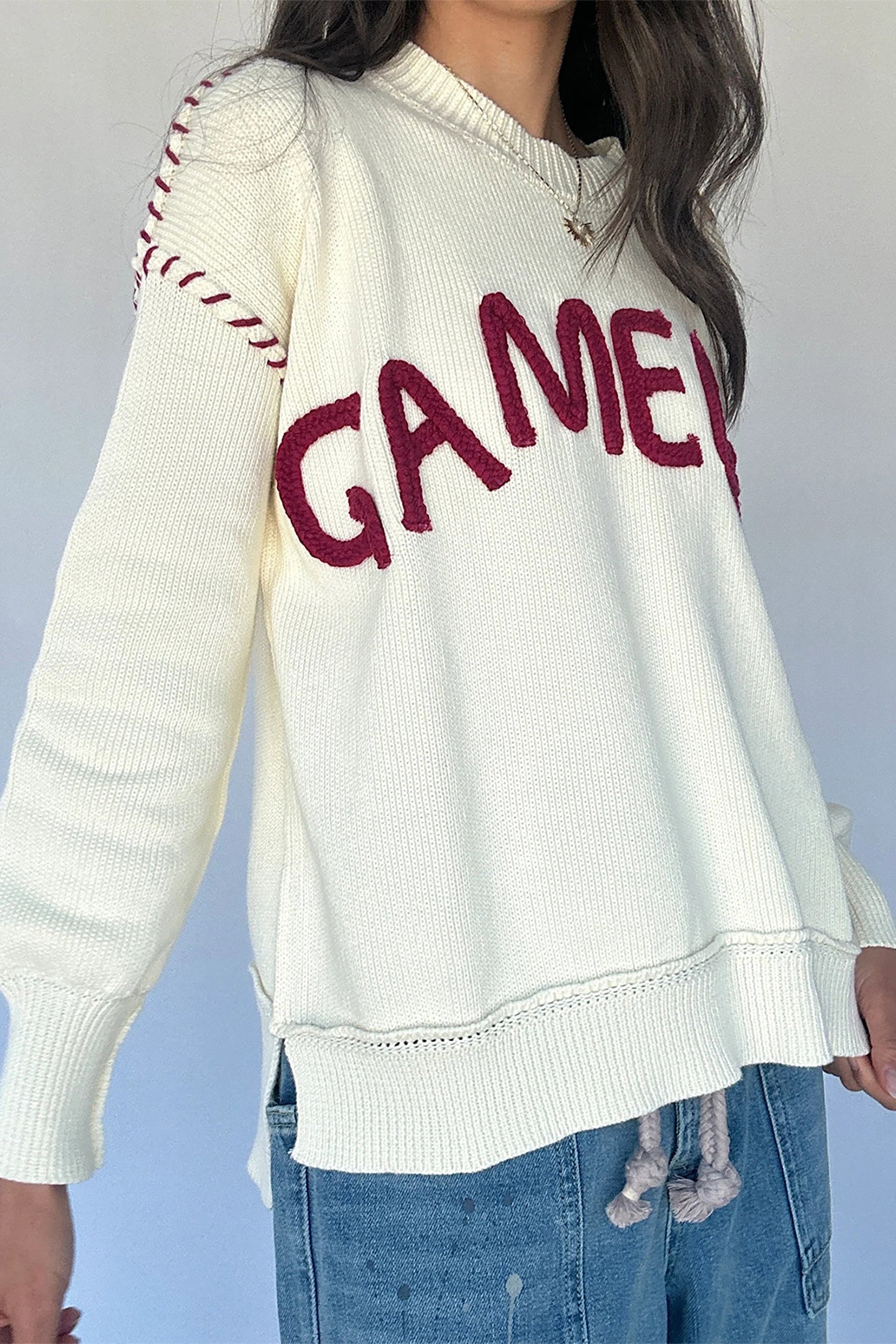 Beige Game Day Letter Print Round Neck Long Sleeve Casual Pullover Sweater