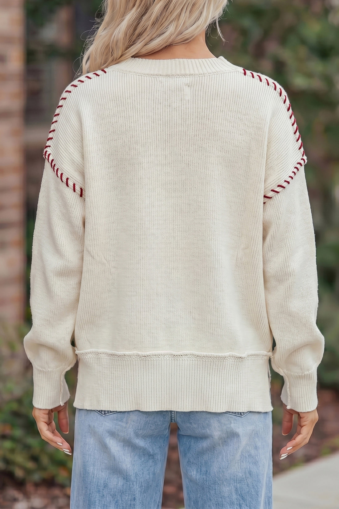 Beige Game Day Letter Print Round Neck Long Sleeve Casual Pullover Sweater