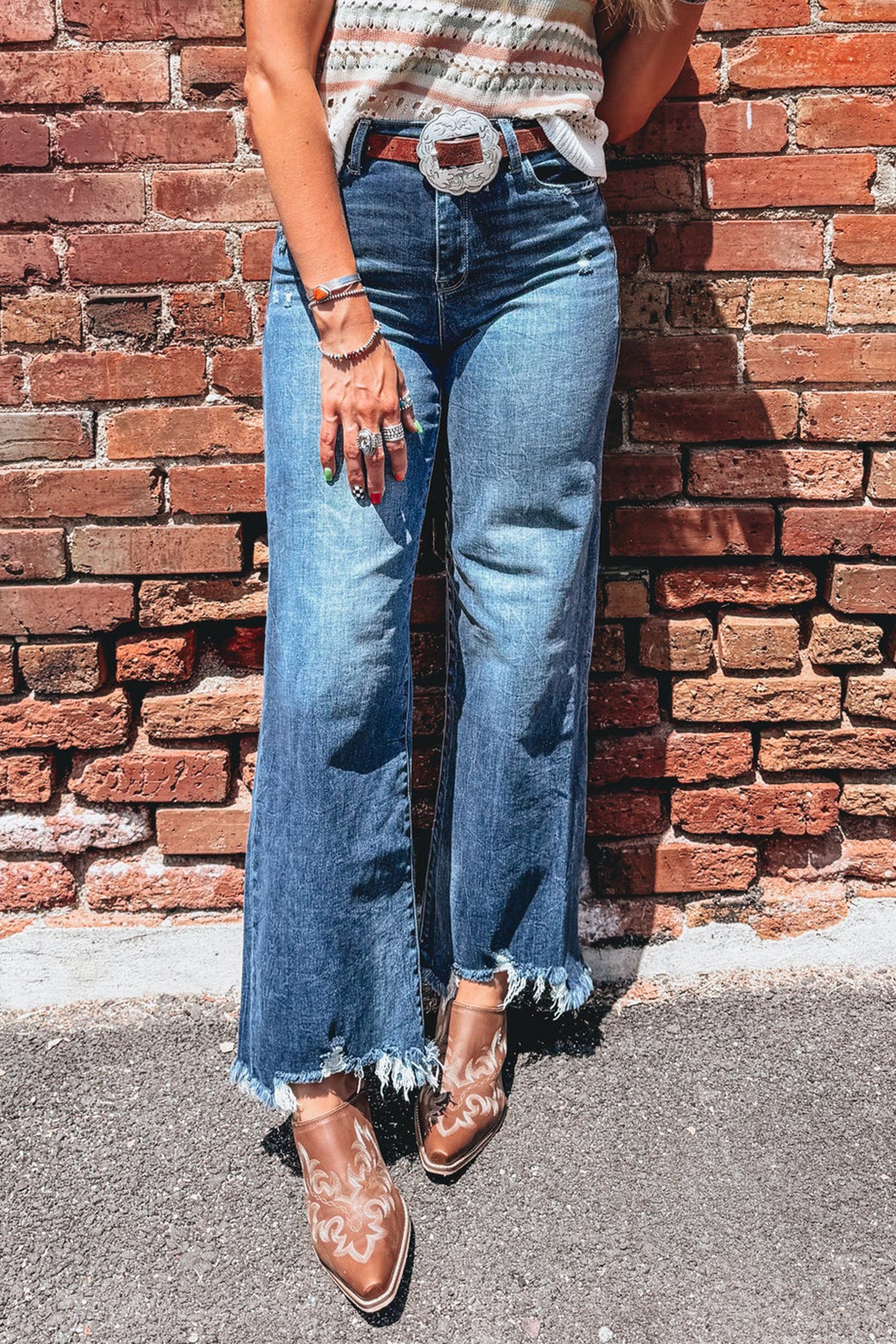 Ashleigh Blue Flare Leg Jeans Frayed Edge Pocket Casual Daily Ankle-length Denim Pants